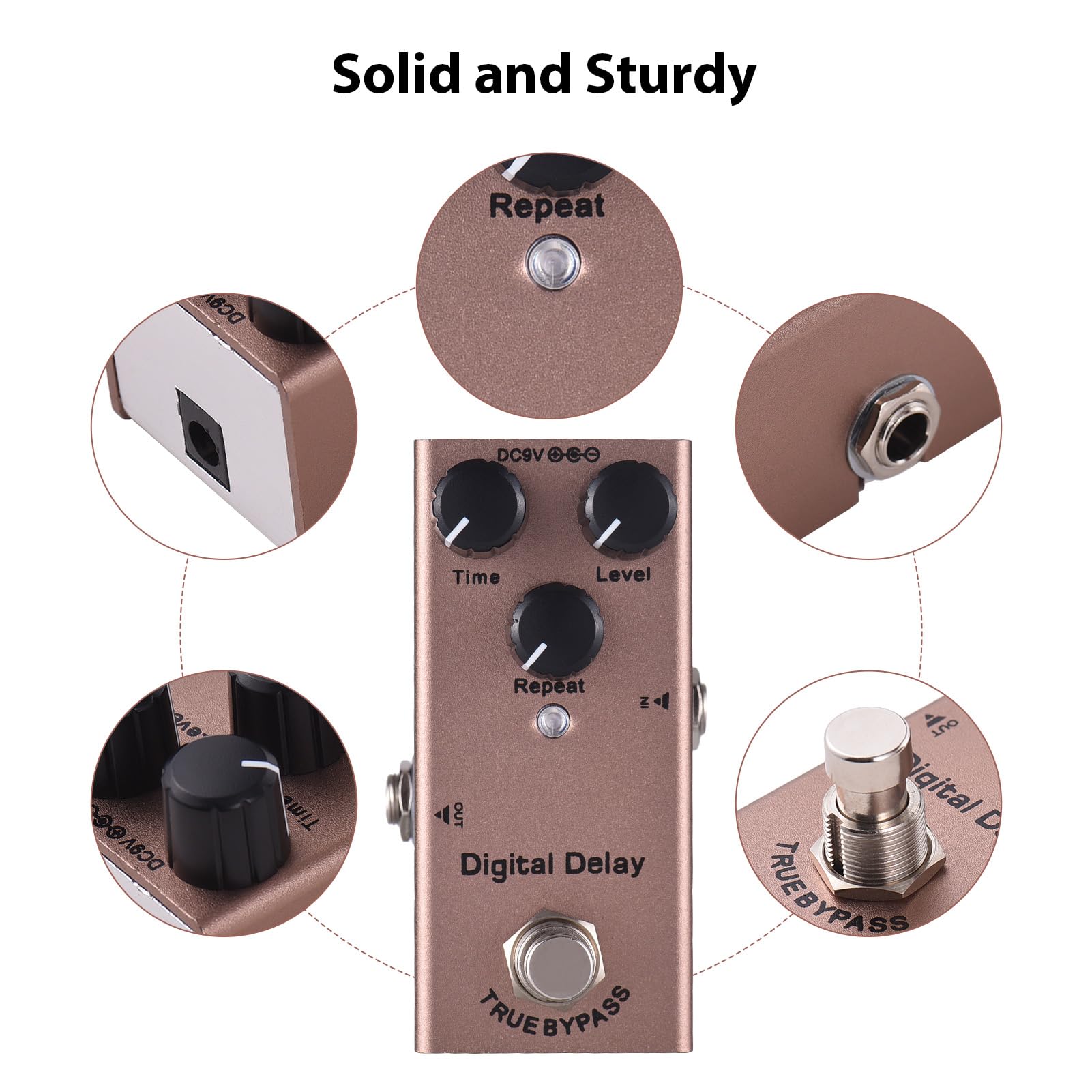 Guitar Digital Delay Effector Mini Analog Sound, Rich Tone, True Bypass, Knobs for Time Level Repeat, DC 9V, Aluminum, Brown, 20ms-600ms Delay for Electric Guitar : Musical Instruments