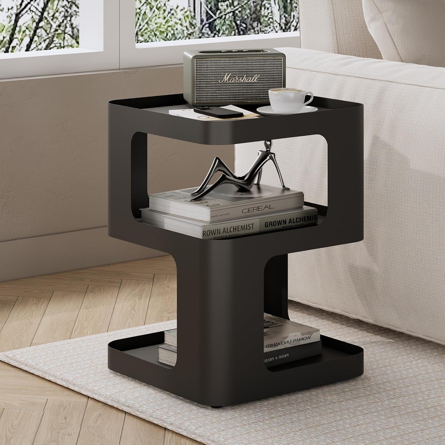 Modern Side Table, Metal Bedside Table Living Room, 3 Tier end Tables with Storage,Nightstand for Small Spaces, Living Room, Bedroom, Sturdy, No Assembly Required Black