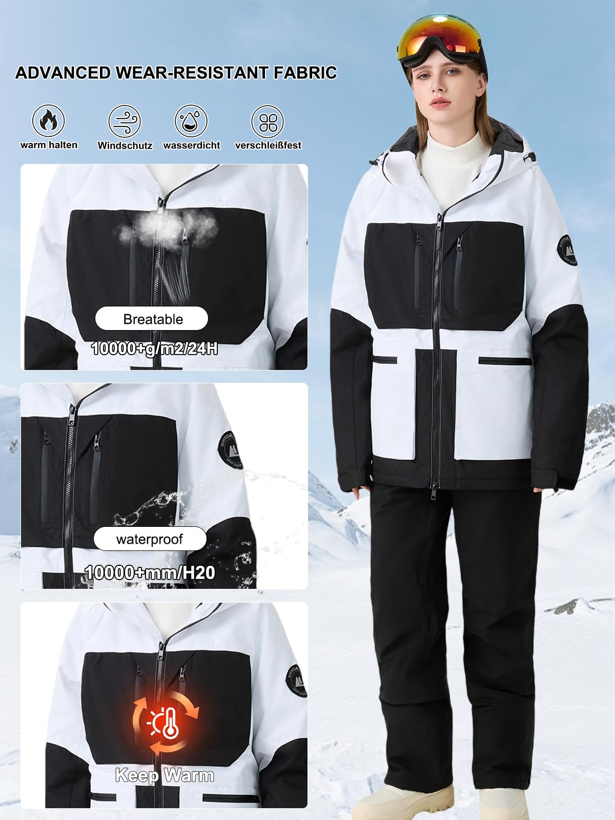 HOTIAN Giacca da sci e pantaloni da donna, set da 2 pezzi, tuta da sci da donna, impermeabile, antivento, invernale, per attività all'aria aperta, per sci e sci