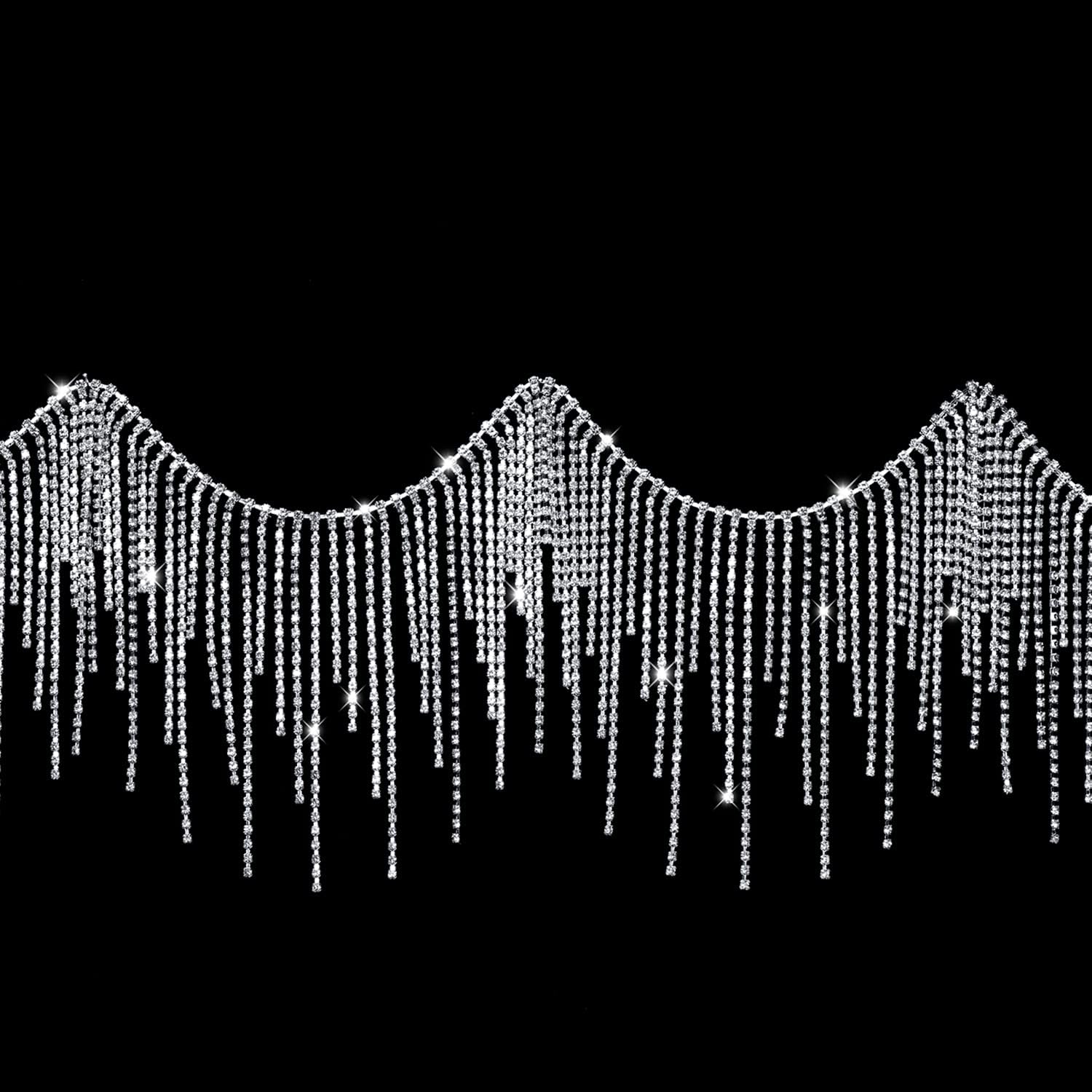 Kylanix Rhinestone Fringe Trim Diamond Crystal Ribbon Tassel Strips Chain for Sewing Crafts Clothing Wedding Party DIY Decoration, Irregular (1 Yard, Silver)