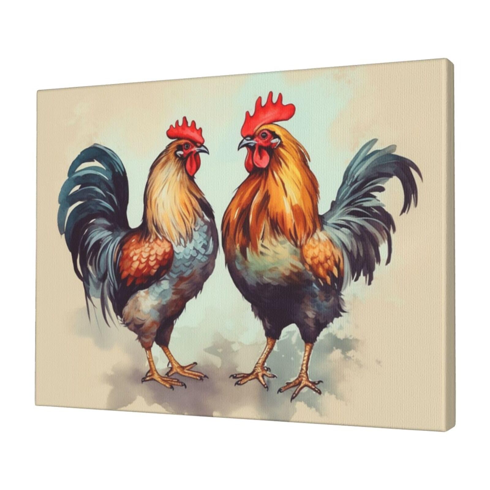 KLOPH Rooster and hen Canvas Wall Art for Living Room 12"x16" Modern Artwork Painting for Bathroom Hanging Canvas Prints Aesthetic Wallart for Bedroom Kitchen Office Wall Decor