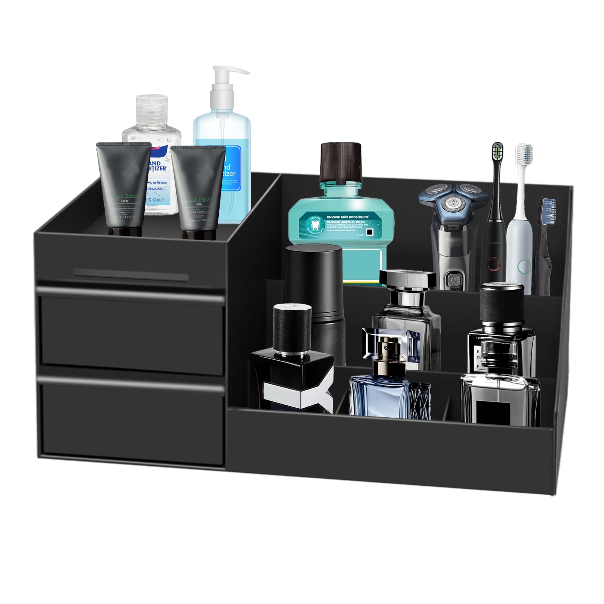 Novalunae Black Perfume Stand for Men, Cosmetic Organiser with Drawers