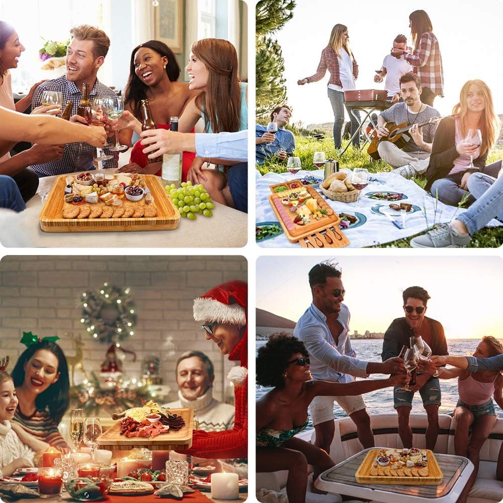 Käseplatte aus Bambus mit Käsewerkzeugen, Aufschnittbrett, Serviertablett für Wein, Cracker, Brie und Fleisch, einzigartige Geschenke für Weihnachten, Hochzeit und Geburtstag.