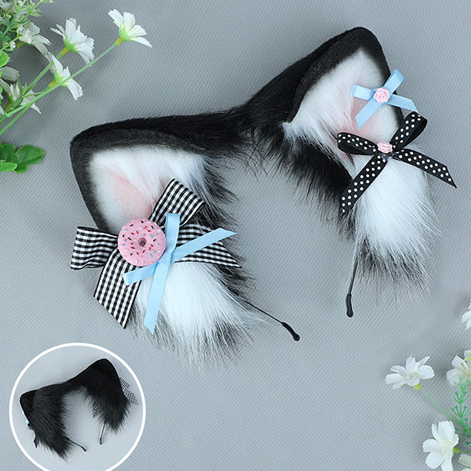 Faylay Women Furry Cat Ear Animal Ears Headband Ribbon Decor