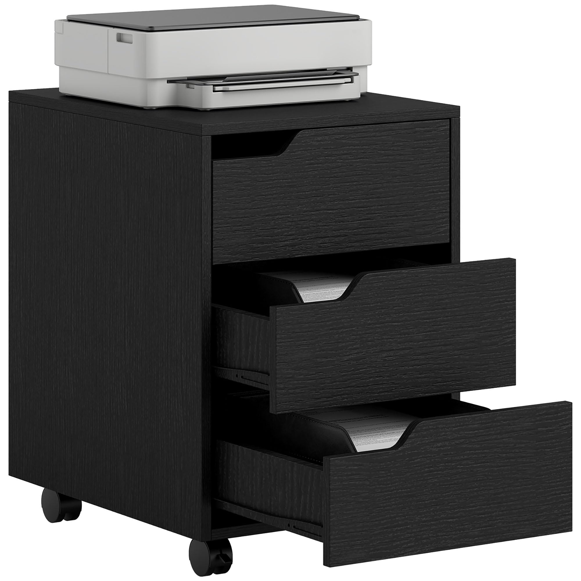 HOMCOM Cassettiera da scrivania mobile con 3 cassetti, mobile da scrivania su ruote, per documenti e stampante, scatola compatta per lavoro o camera da letto, 40 x 50 x 57,5 cm, nero