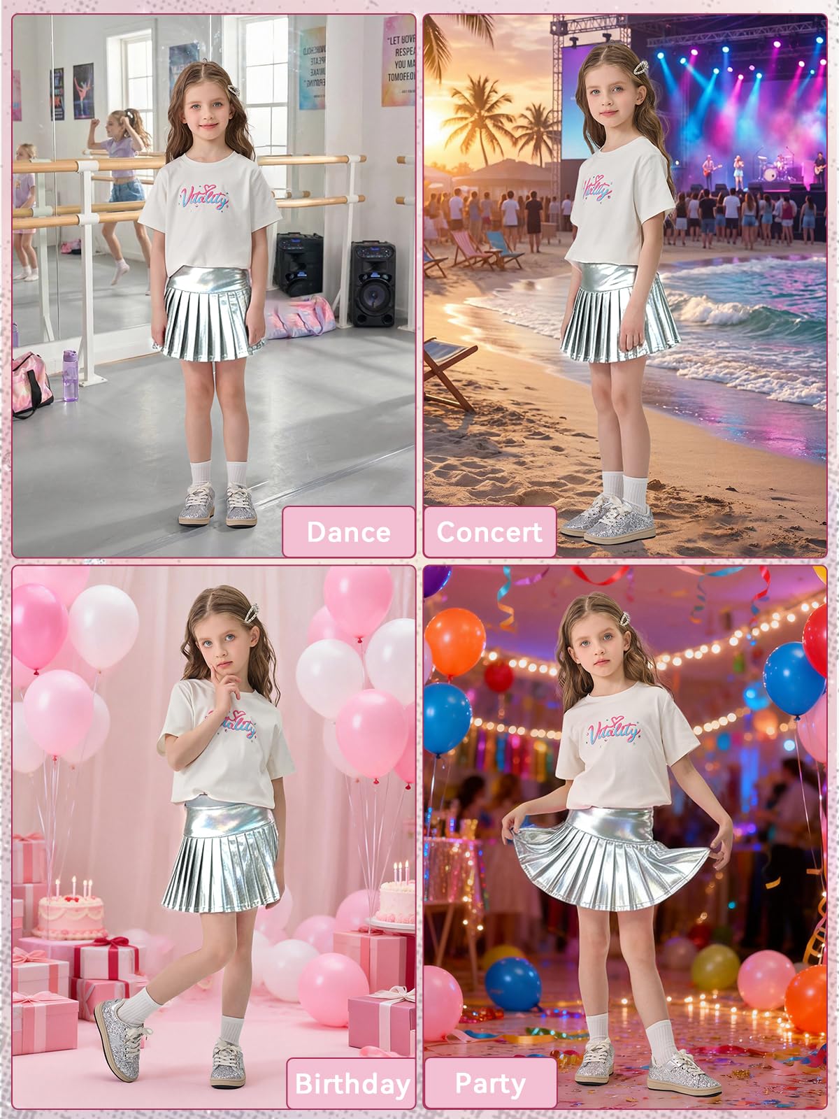Miipat Falda Plisada Metalizada para Niña, Faldas Infantil Brillantes Cintura Alta Elástica Minifaldas Pantalón con Forro y Bolsillo para Baile Tenis Festa