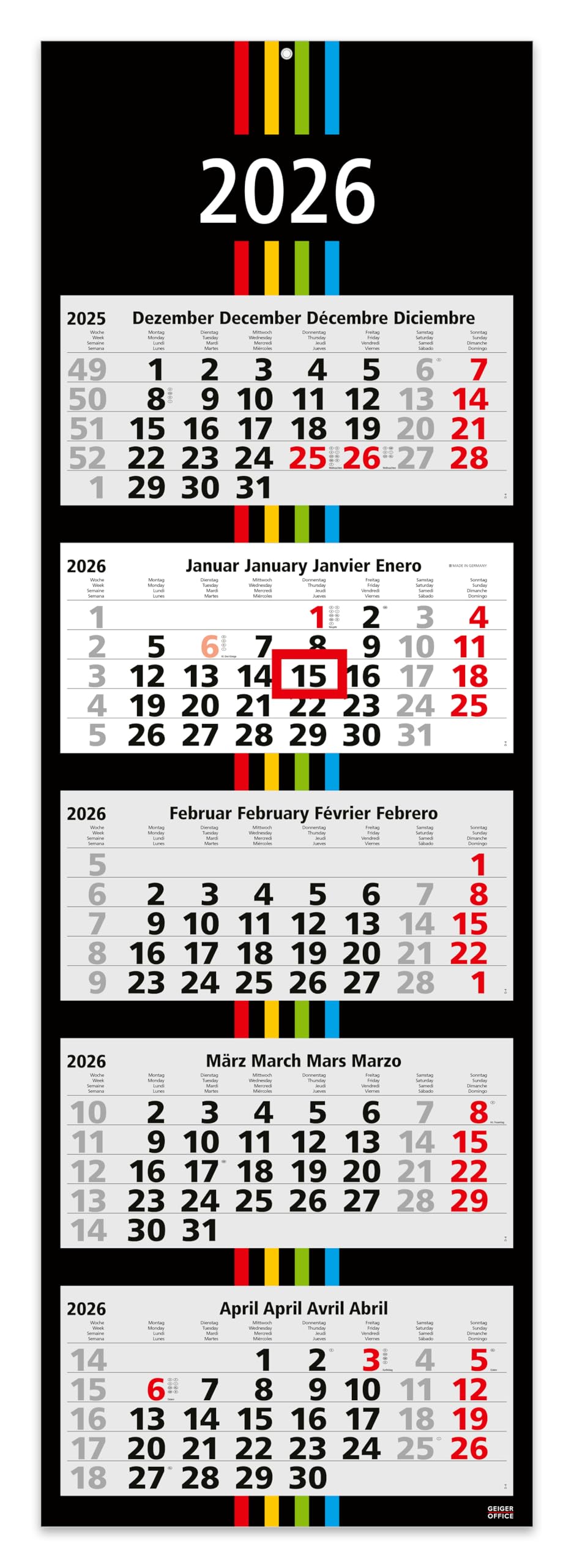 5-Month Calendar 2025 Black + Stripes 33 x 100 cm Wall Calendar with Slider - Decorative Large Format with 5 Individual Perforated Calendar Blocks - Foldable Back Panel