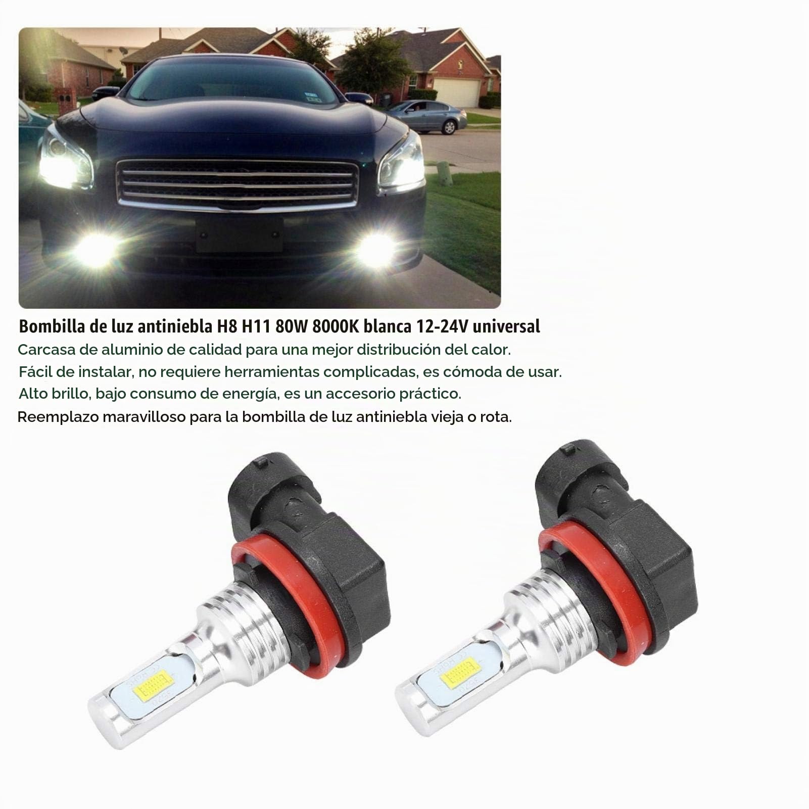 Bombilla antiniebla, H8 H11 80W 8000K CSP Bombilla de luz LED antiniebla blanca, Kit de conversión de luz antiniebla LED para automóvil con decodificación 12-24V Universal para luz de circulación diur
