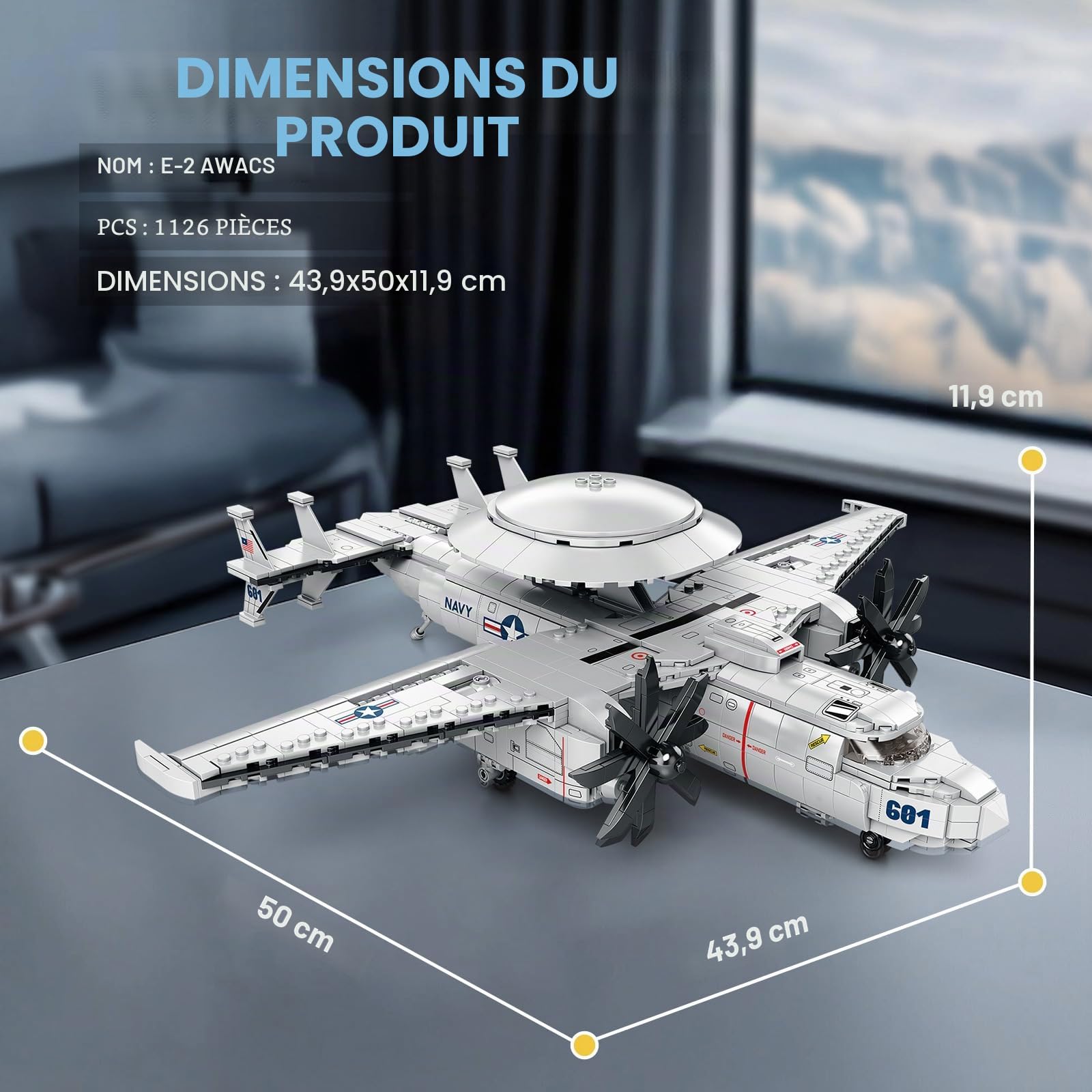 Reobrix E-2 Hawkeye Ensemble de construction d'avion militaire - Kit de construction d'avion de chasse d'avertissement 33029 - Jouet de construction aéroporté pour adultes, garçons de 8 à 12 ans