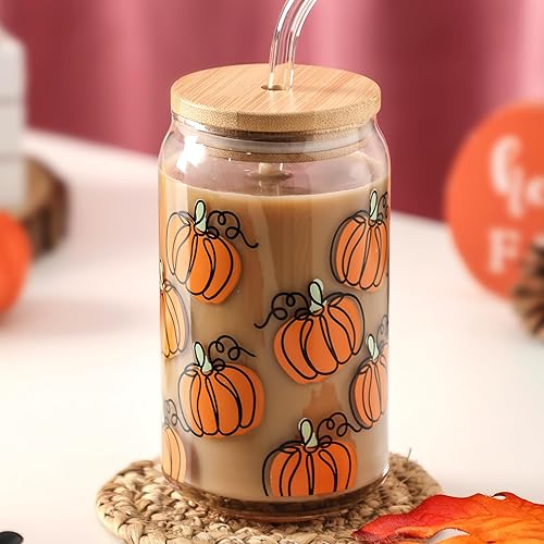 Taza de cristal de calabaza de otoño, tazas de café helado de otoño, 16 onzas, vaso con forma de lata de Acción de Gracias con tapa y pajita,