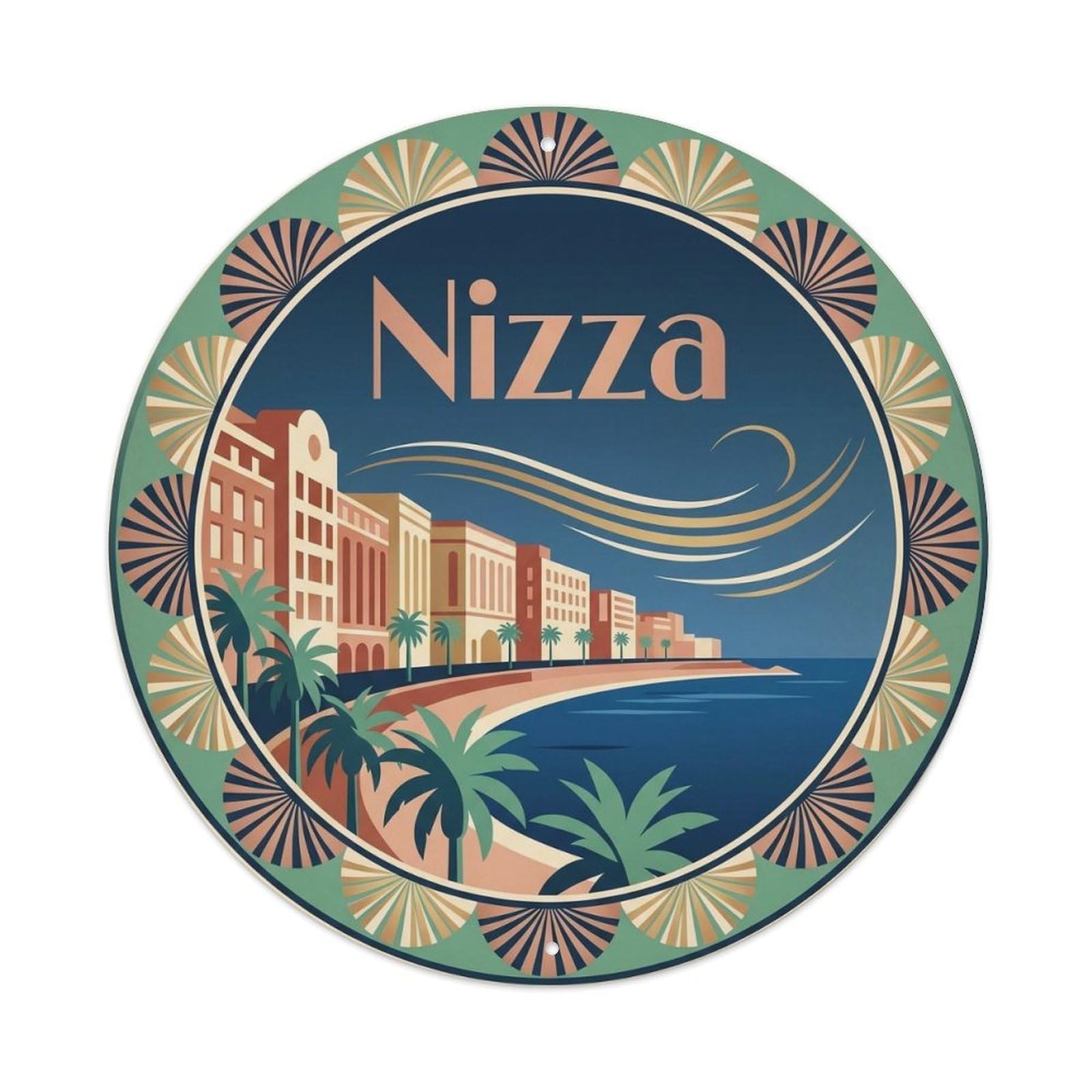 Nizza Riviera Deco Style Coastal City Travel Palm Beach Metal Tin Sign Plaque Wall Decor for Cafe, Man Cave, Club Bar, Office, Home Garden Round Metal Poster 8x8Inch
