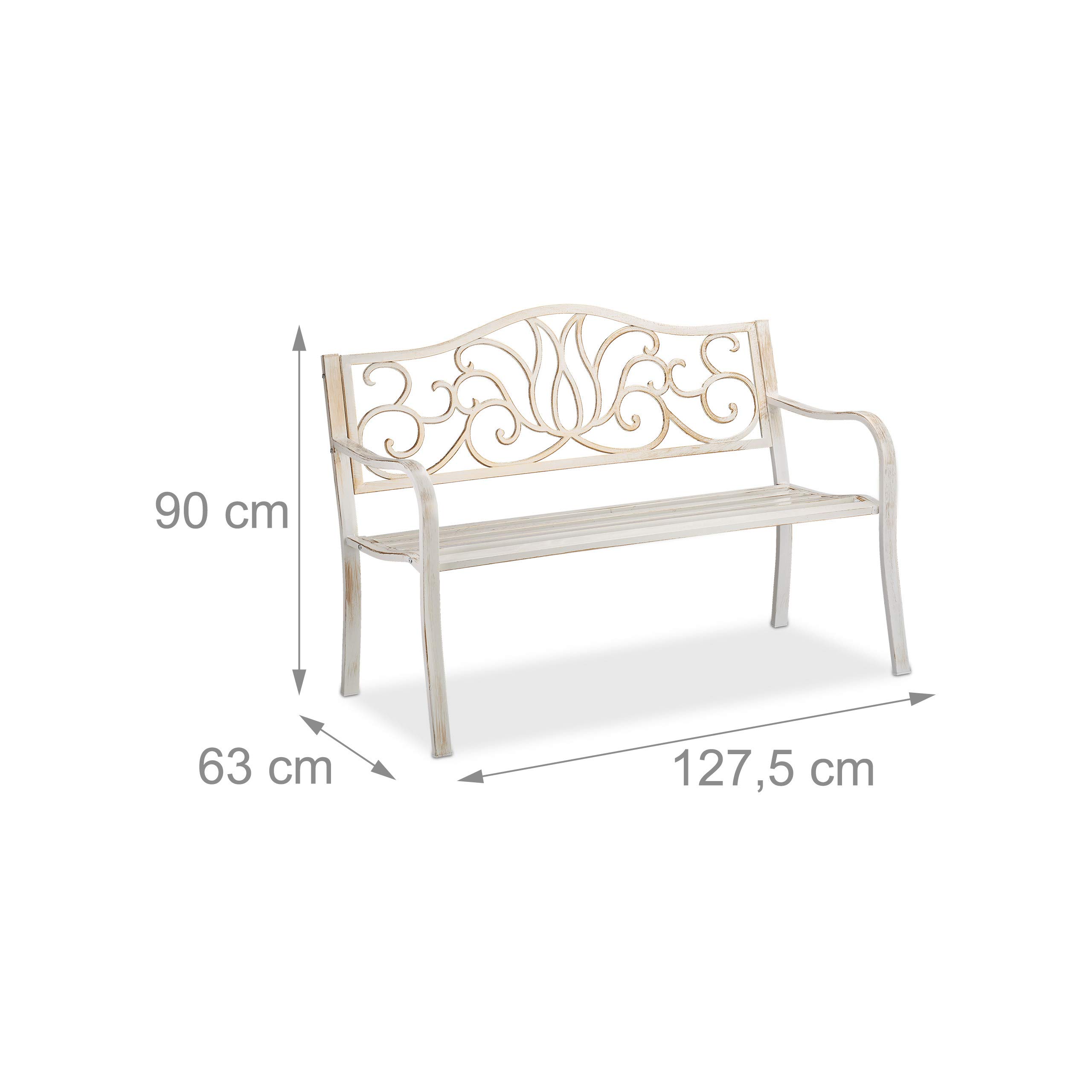 Relaxdays Gartenbank Antik für 2 Personen, Balkon, Terrasse, Premium Rostschutz, Metallbank 90x127,5x63 cm, weiß-bronze