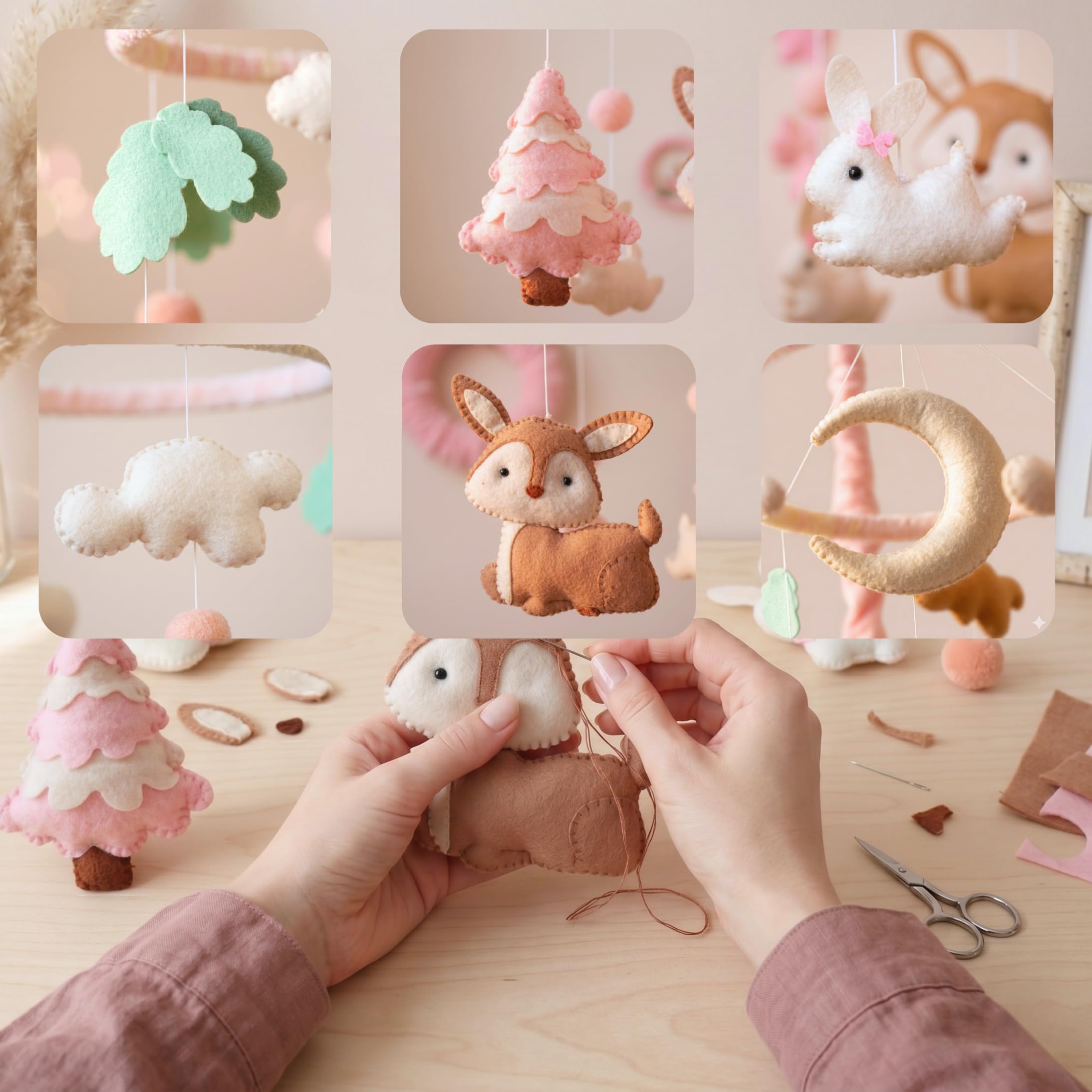 Giostrina da appendere a forma di animali della foresta, per bambine, in feltro, cervo, coniglio, luna crescente, rosa, decorazione per la cameretta dei bambini