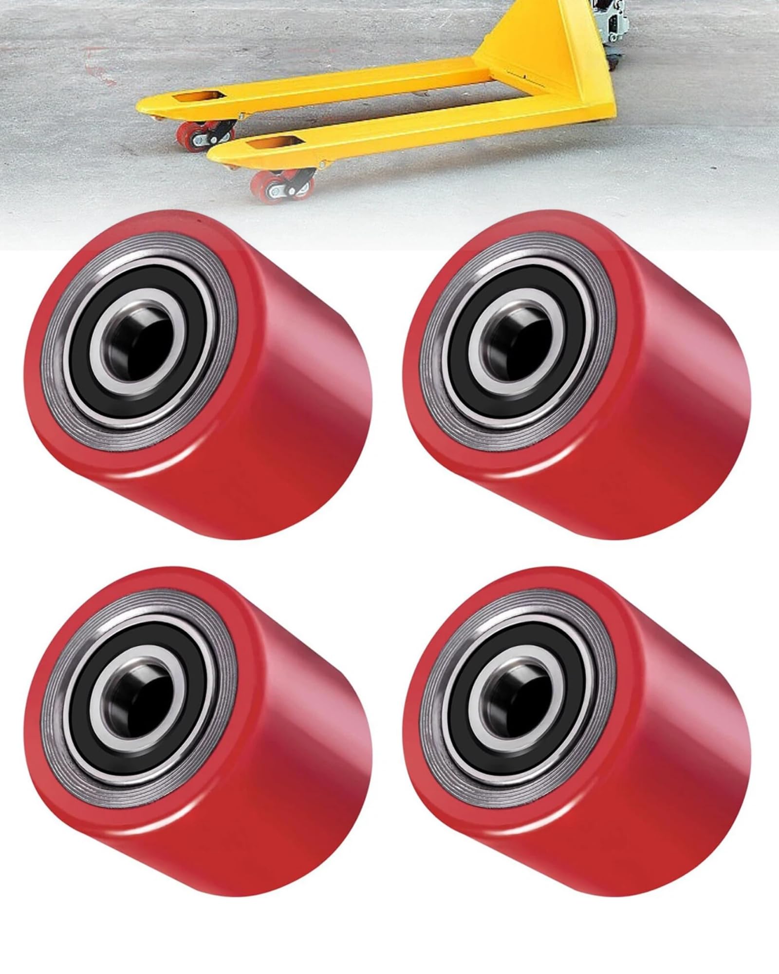 AmoreTempo【80 x 70 mm】4 Stück Hubwagenrollen Polyurethan PU Laufrolle Räder mit Achse 20 mm Inkl Kugellager Rollen Gabelhubwagenrolle Lastrolle für Hubwagen Ersatzrollen, Max. Belastung 600 KG Rot