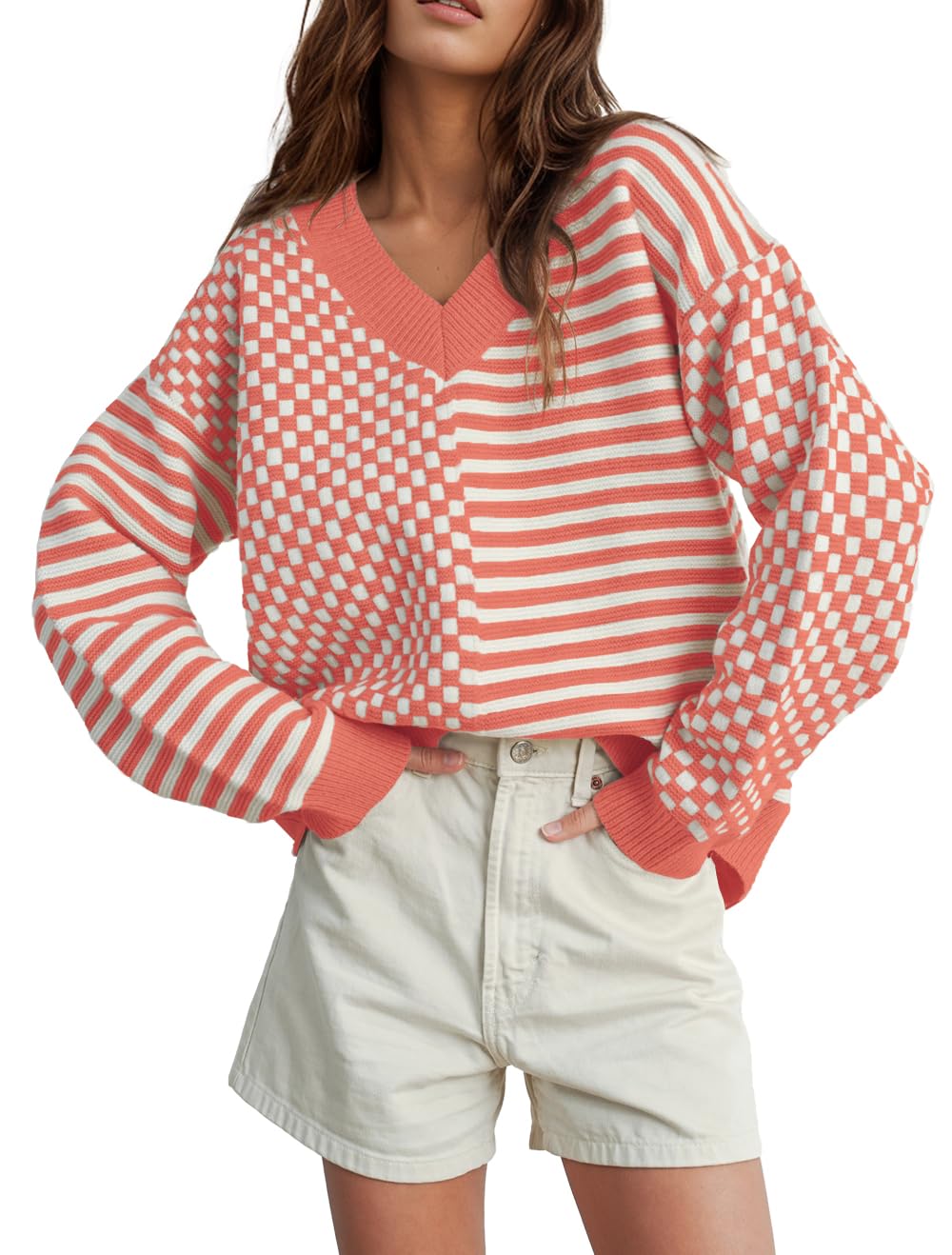 UNCLECAT Womens Striped Checkered Sweater