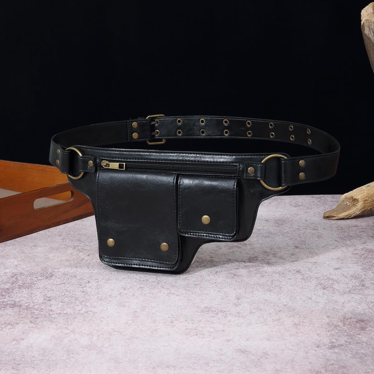 GK-O Steampunk PU Leather Hip Belt Bag Motorcycle Waist (Black) | Vintage unisex medieval cosplay utility fanny pack features adjustable strap up to 85cm multiple pockets weights 280g
