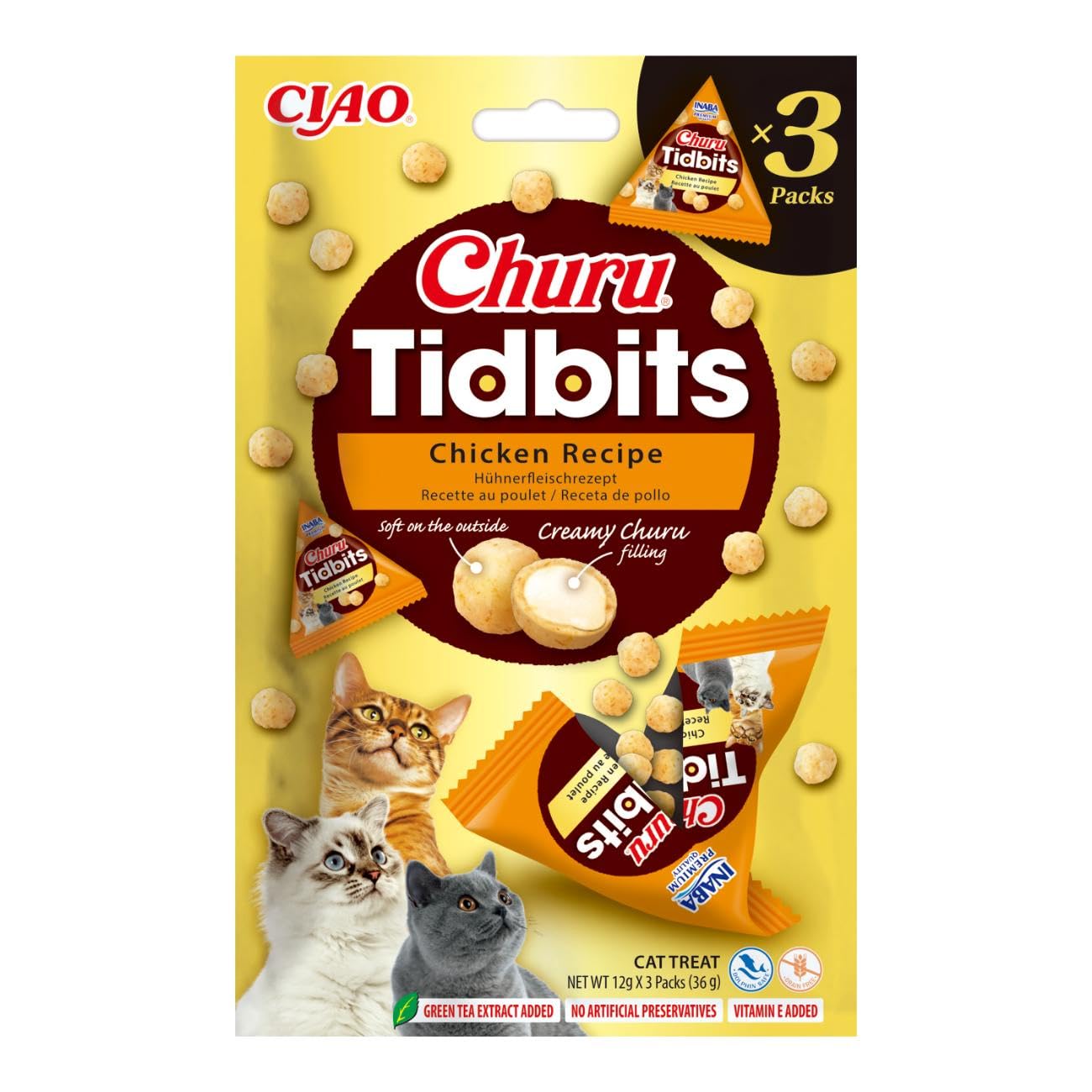 Churu Tidbits by INABA: Chicken Recipe (3 x 12g) / Soft & Chewy Churu Filled, Baked Cat Treats with Taurine & Green Tea Extract, Delicious & Healthy Snack, Training Treat, Natural, Grain Free