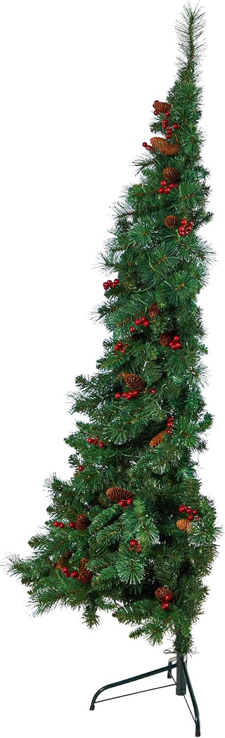 Nearly Natural 6ft. Flat Back Montreal Mountain Pine Artificial Christmas Tree with Pinecones, Berries and 150 Warm White LED Lights and 359 Bendable Branches