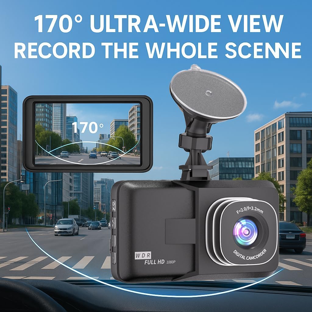3-inch Dash Cam for Cars, 1080P HD car Camera, Wide-Angle Driving Recorder with Night Vision, Loop Recording, Video Motion Detection