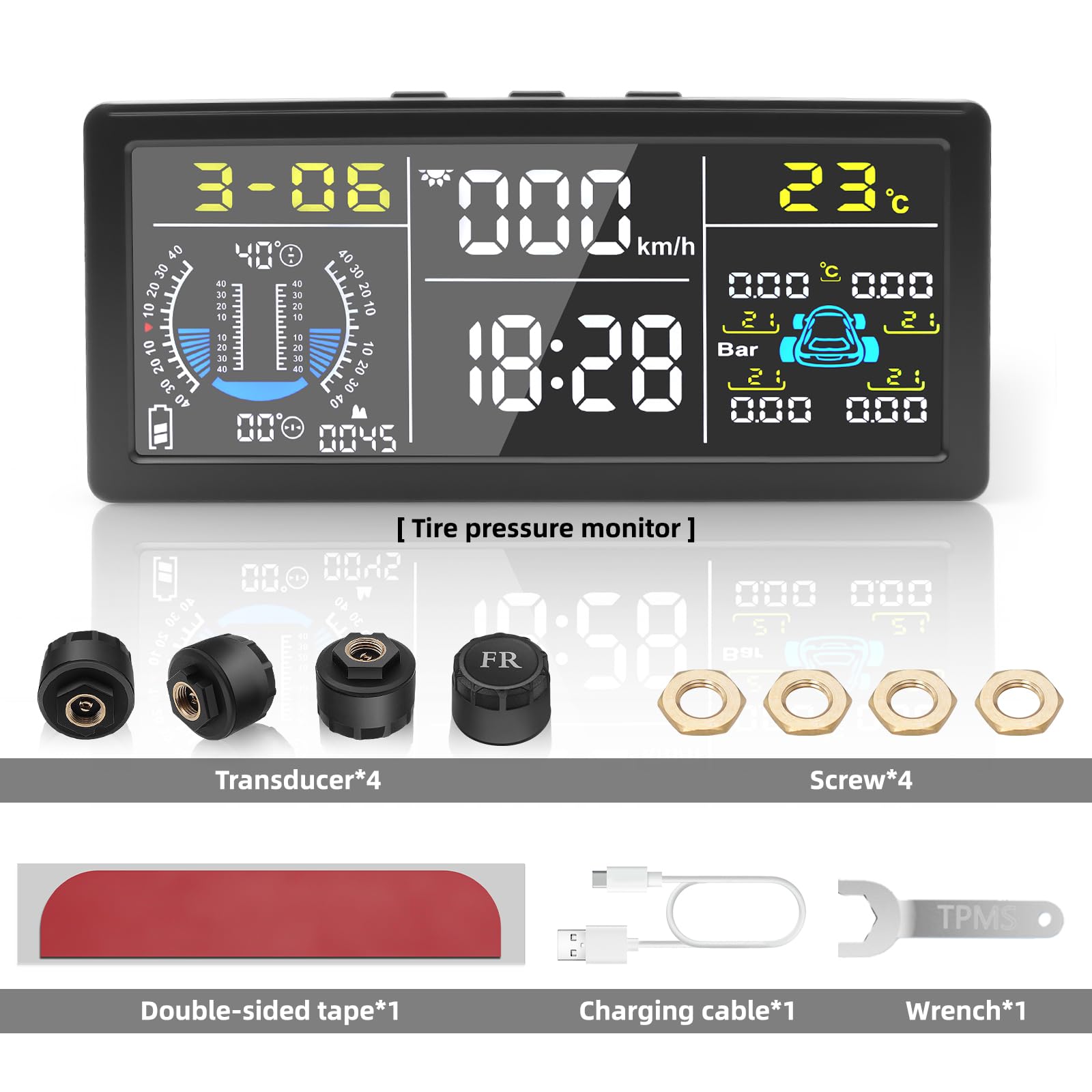 Multifunktional Tpms Reifendruckkontrollsystem mit 4 externen Sensoren Solaraufladung Monitor Universal Mit Geschwindigkeit, Steigung und Höhe HUD Display,9.9BAR/199Psi für SUV Van Auto
