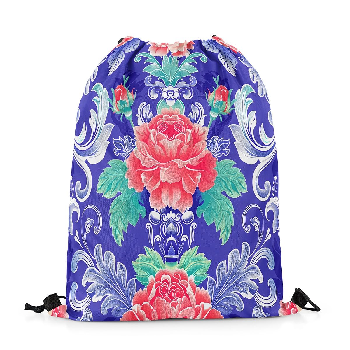 Homewish Jacquard Damask Draw String Back Bag 33 x 40 cm Romantic Rose Leaves Drawstring Bags for Gym Swim Yoga Western Vintage Floral Cinch Bag Boho Baroque Drawstring Backpack
