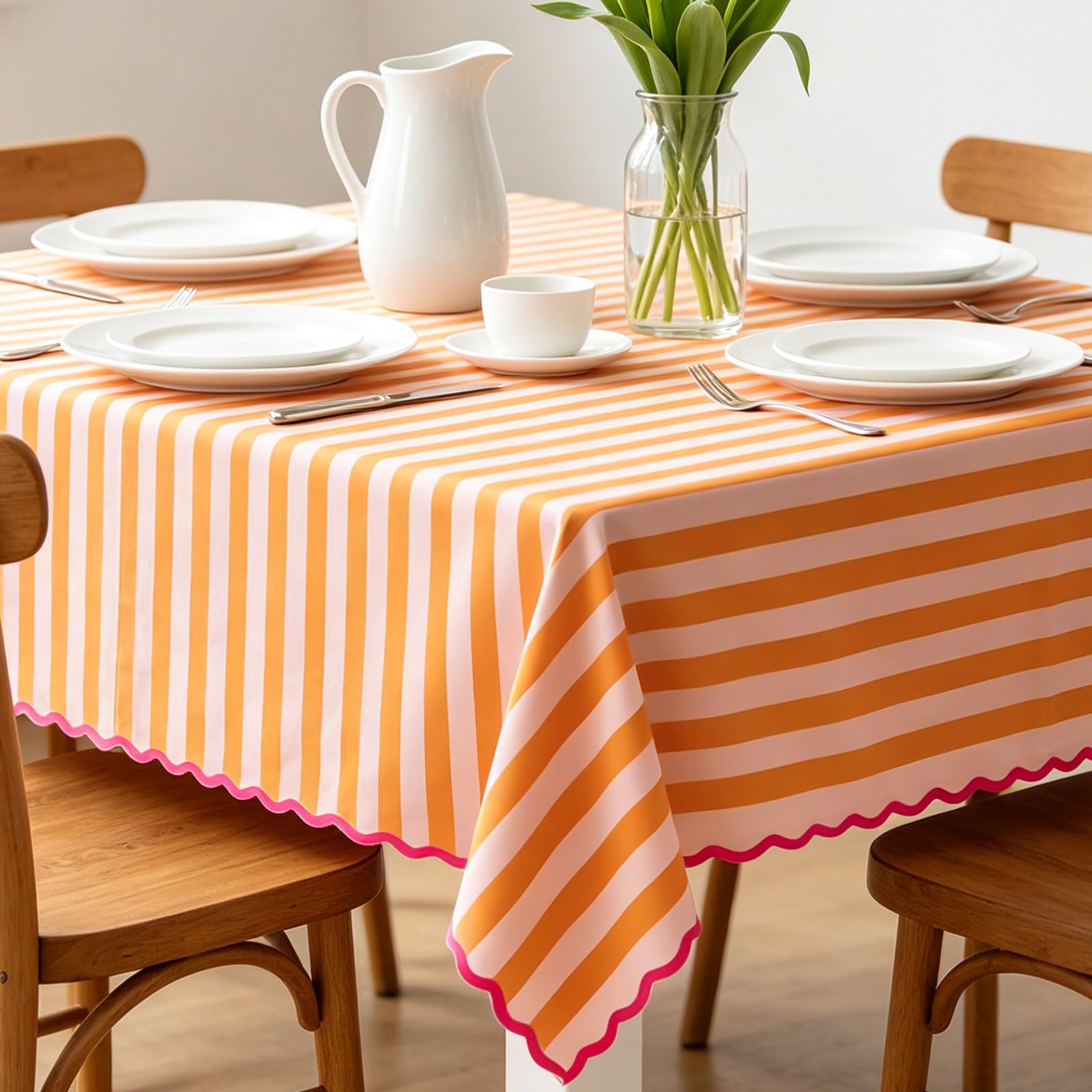 Photo 1 of AnyDesign Orange Pink Striped Tablecloth, Fall Scalloped Edge Rectangle Table Cloth Waterproof Polyester for Autumn Thanksgiving Harvest Holiday Dinner Party Kitchen Decor, 55 x 70 Inch