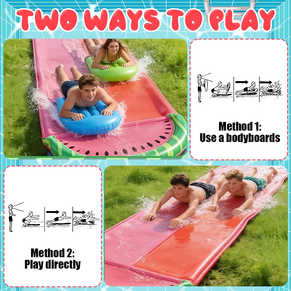 Pista Scivolo Acqua Doppio Da Giardino,480 X 140Cm Doppio Scivolo Ad Acqua Con 3 Bodyboard E Irrigatore,Scivolo D'acqua Doppio per Prato,Scivolo Da Giardino Estivo,Attività Acquatiche All'Aperto