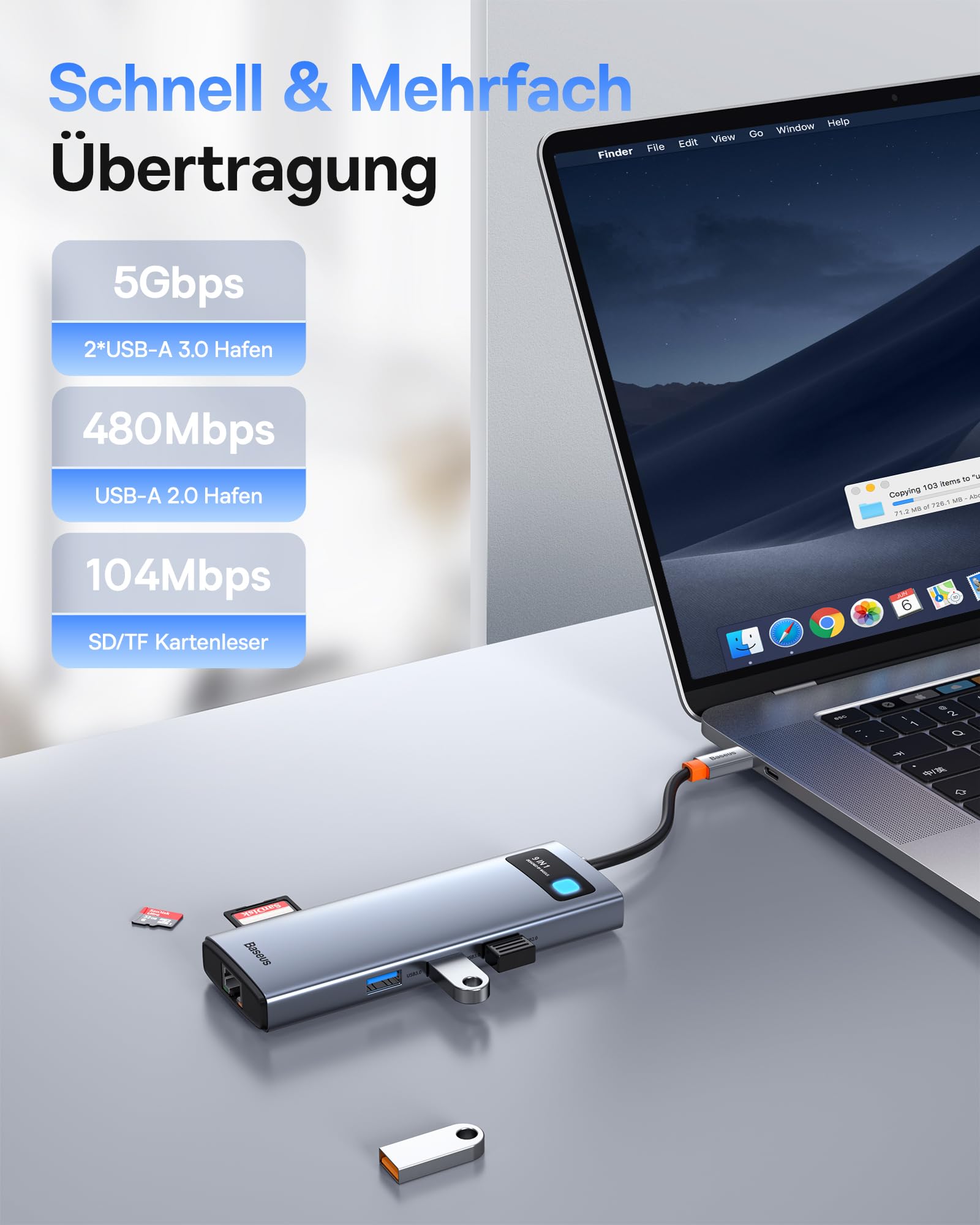Baseus 9 in 1 Docking Station USB C 4K@120Hz, 2 HDMI dual monitore USB C Hub, 1000Mbp Ethernet, 100W PD,TF/SD Kartenleser, USB 3.0, Multiport Adapter für MacBook/Dell/HP/Surface/Lenovo & Mehr PC
