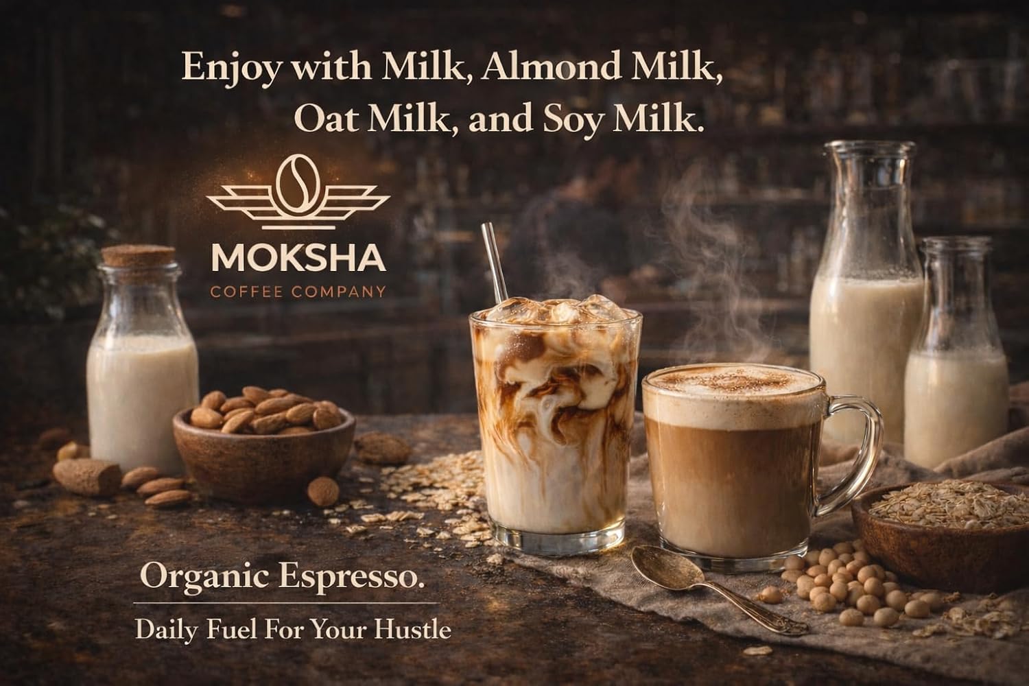 Moksha Coffee Low Acid Organic Espresso Whole Bean Coffee, Non-GMO. The Hustle Shot Espresso Coffee Beans Medium Roasted in Small Batches. Taste of Bakers Cocoa and Toffee - 3 x 12 OZ