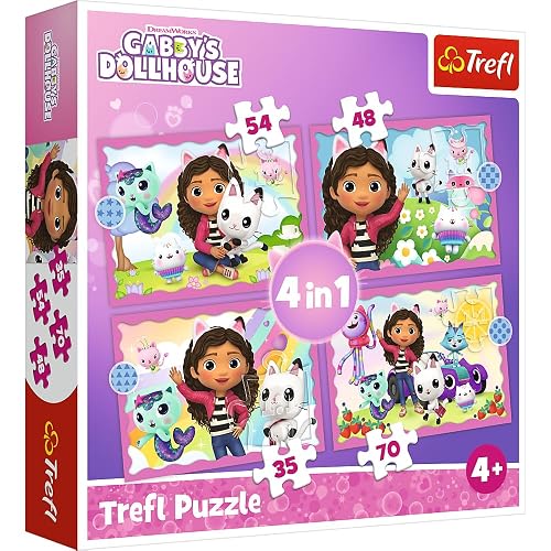 Trefl - Gabby's Dollhouse, Las Aventuras de Gabi - Puzzles 4 en 1, 4 Puzzles, de 35 a 70 Piezas