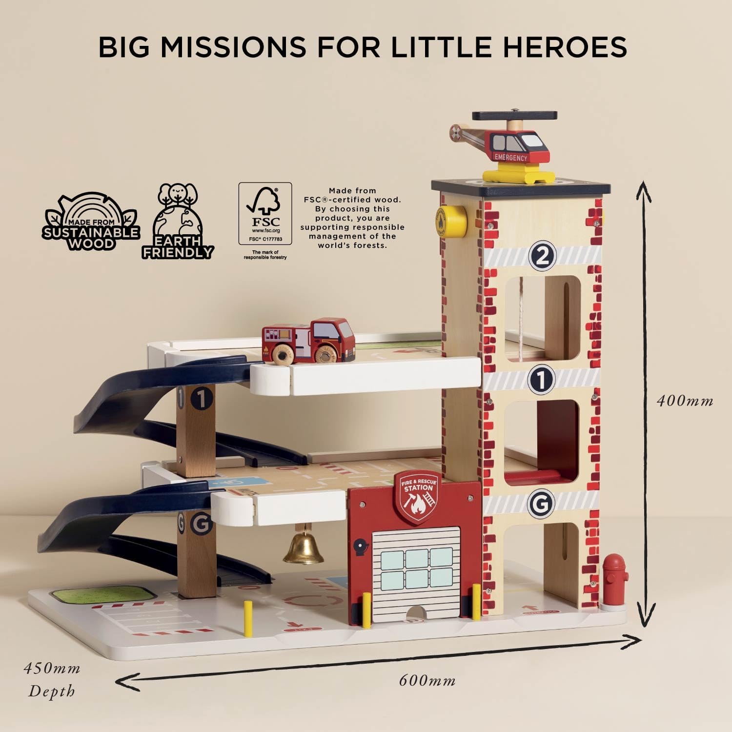 Le Toy Van Fire & Rescue Garage with dimensions indicated