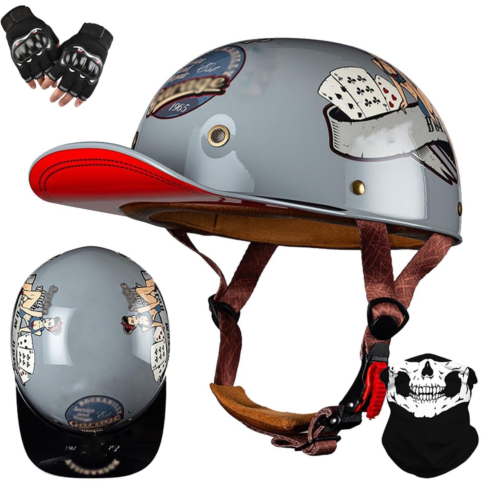 Casco Vintage Hombre Mujer Casco Moto Medio ECEDOT - Estilo Retro Con Gafas Y Certificación DOT/ECE Casco PU Cuero Certificado