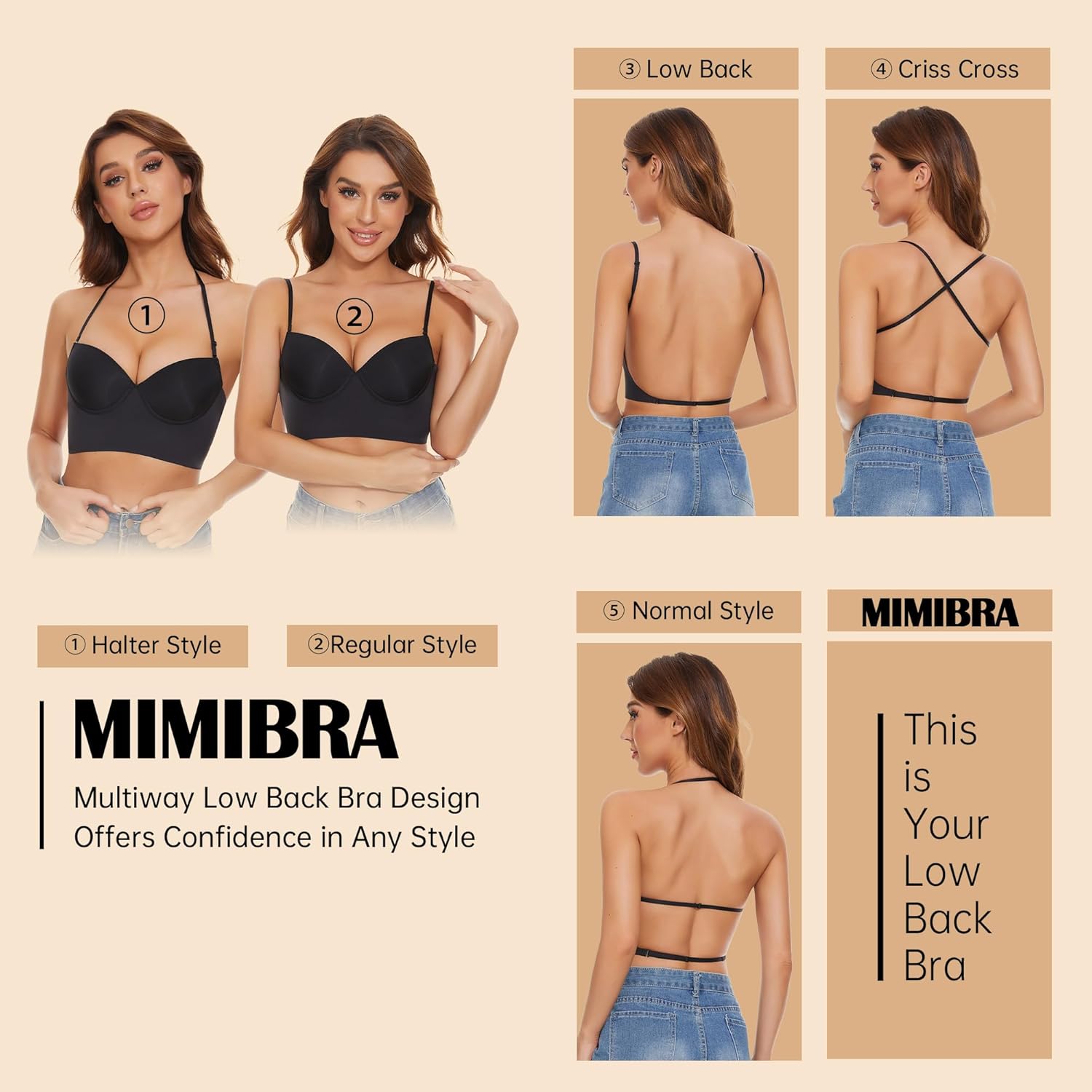 Low Back Bras for Women-Seamless Invisible Backless Bra-Lightly Lined Demi No Show Multiway Bra Low Cut Halter Bra