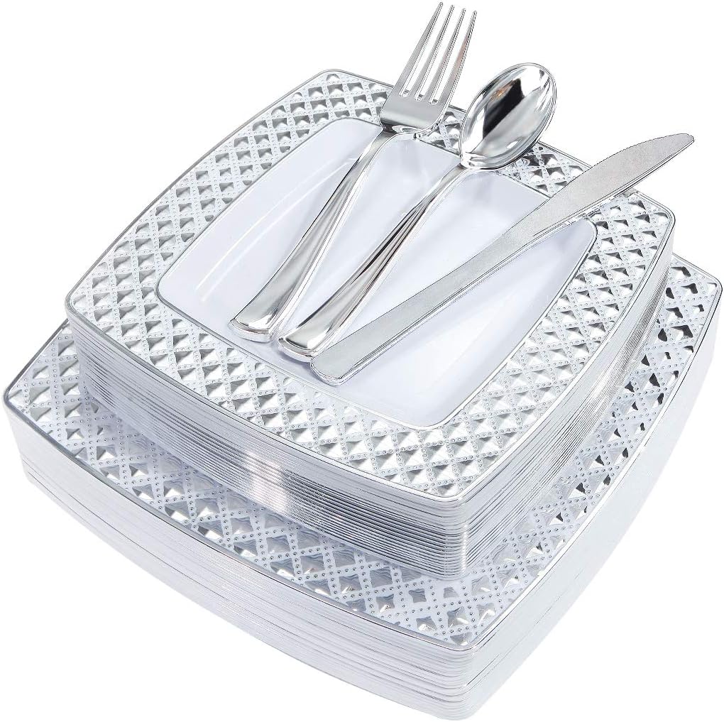 WDF 125PCS Silver Plastic Plates with Disposable Plastic