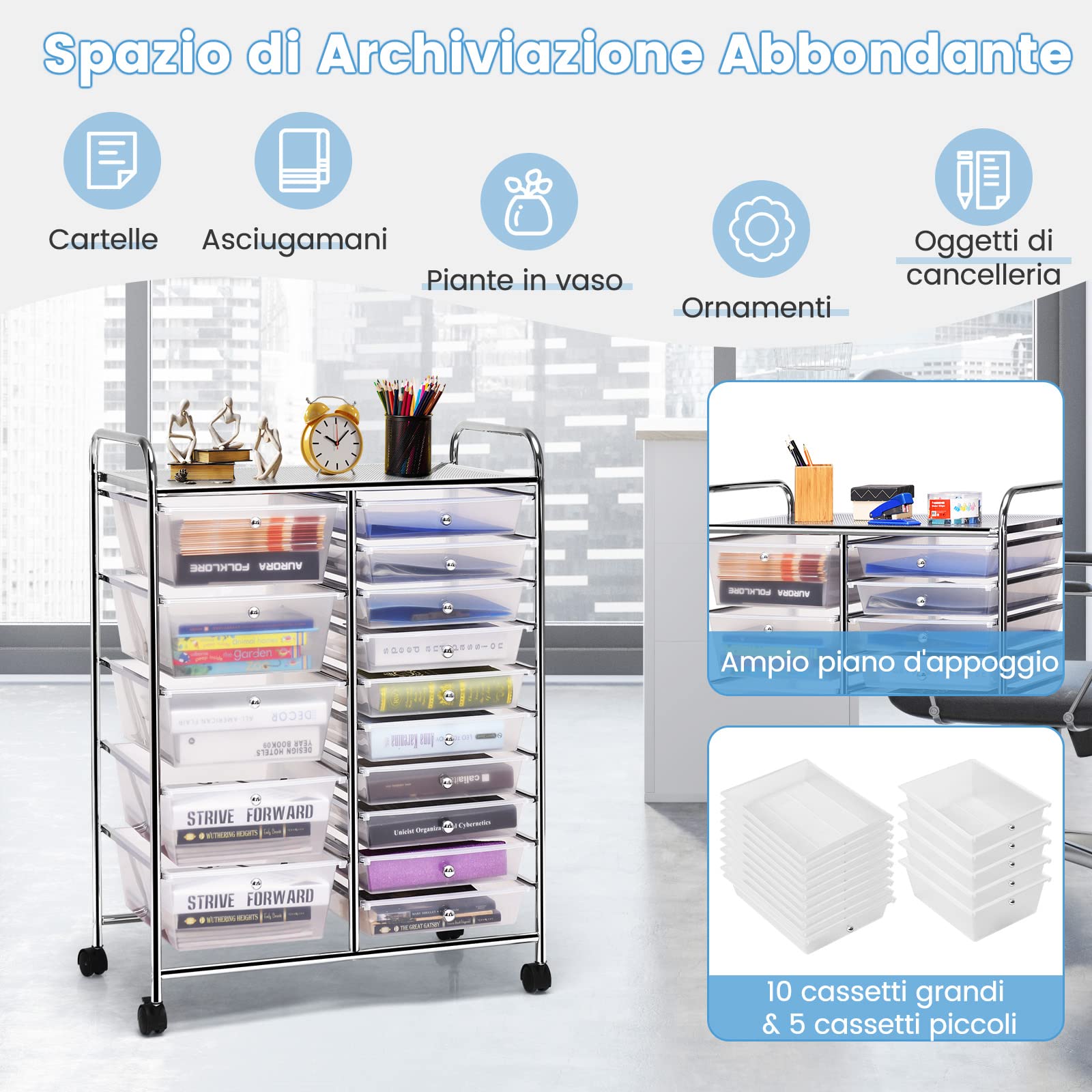 GYMAX Carrello Portaoggetti con 15 Cassetti Staccabilea, Carrellino Salvaspazio con Ruote, per Uffici, Parrucchieri, Studio, Soggiorno, 62,5 x 37 x 87 cm (TRASPARENTE)