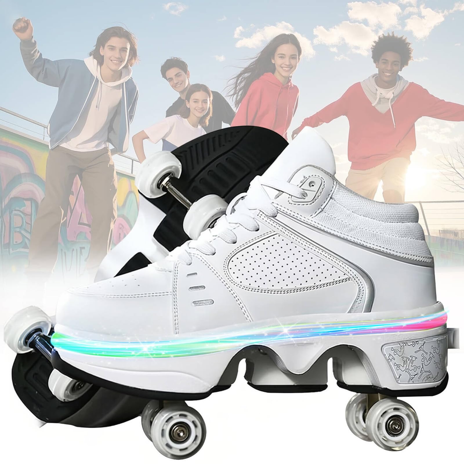 Rollerskates womens,Quad Kick Roller Skates for kids,LED Inline Skates Deformation Trainers for Adults Beginners,Sneakers with Invisible Wheel for boys (C, UK-5) — image 1