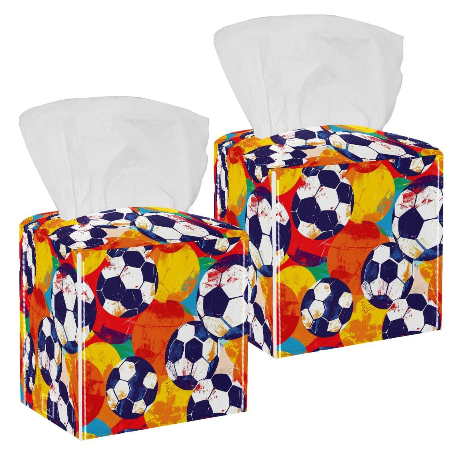 Colorful Soccer Tissue Box Cover, 2 Pack PU Leather Square Facial Tissue Dispenser Box holder for Home Office Car