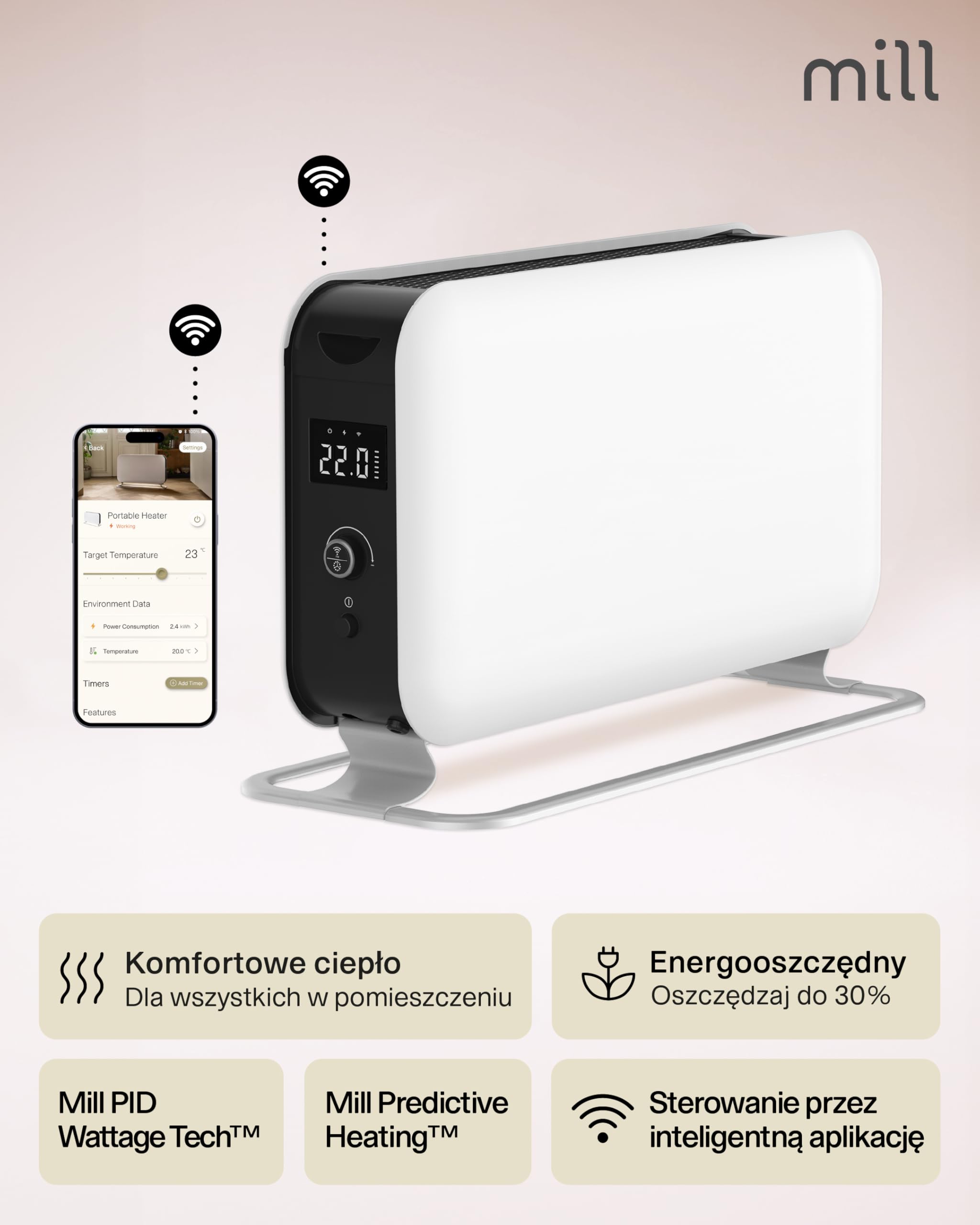 Młyn Przenośny konwektor konwektor Mill WiFi Convection CO1200WIFI, 1200W, ogrzewa środowiska do 25mkw, w komplecie z WIFI 3 sty (Biały, 18-22 m²)