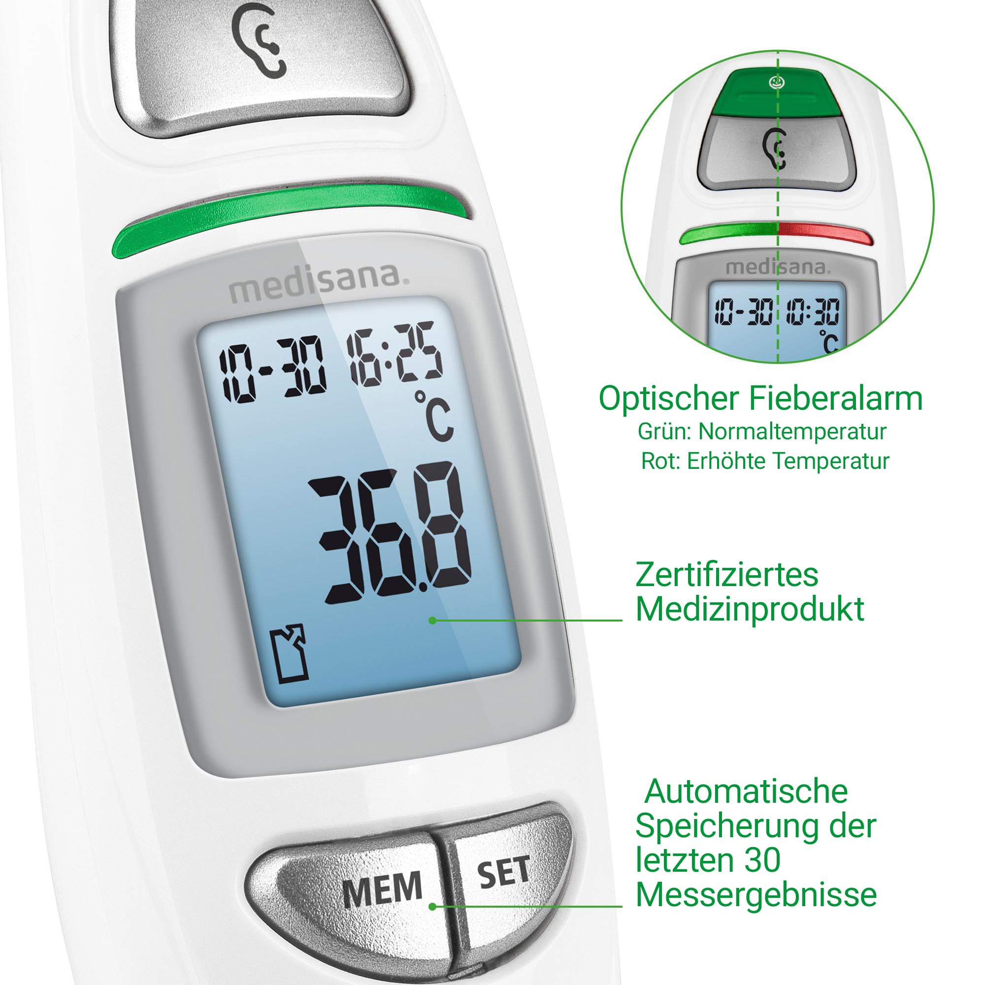 medisana TM 750 Fieberthermometer 6in1, Stirnthermometer für Baby, Kinder und Erwachsene, Ohrthermometer mit visuellem Fieberalarm, Thermometer digital mit Speicherfunktion, Messung von Flüssigkeiten