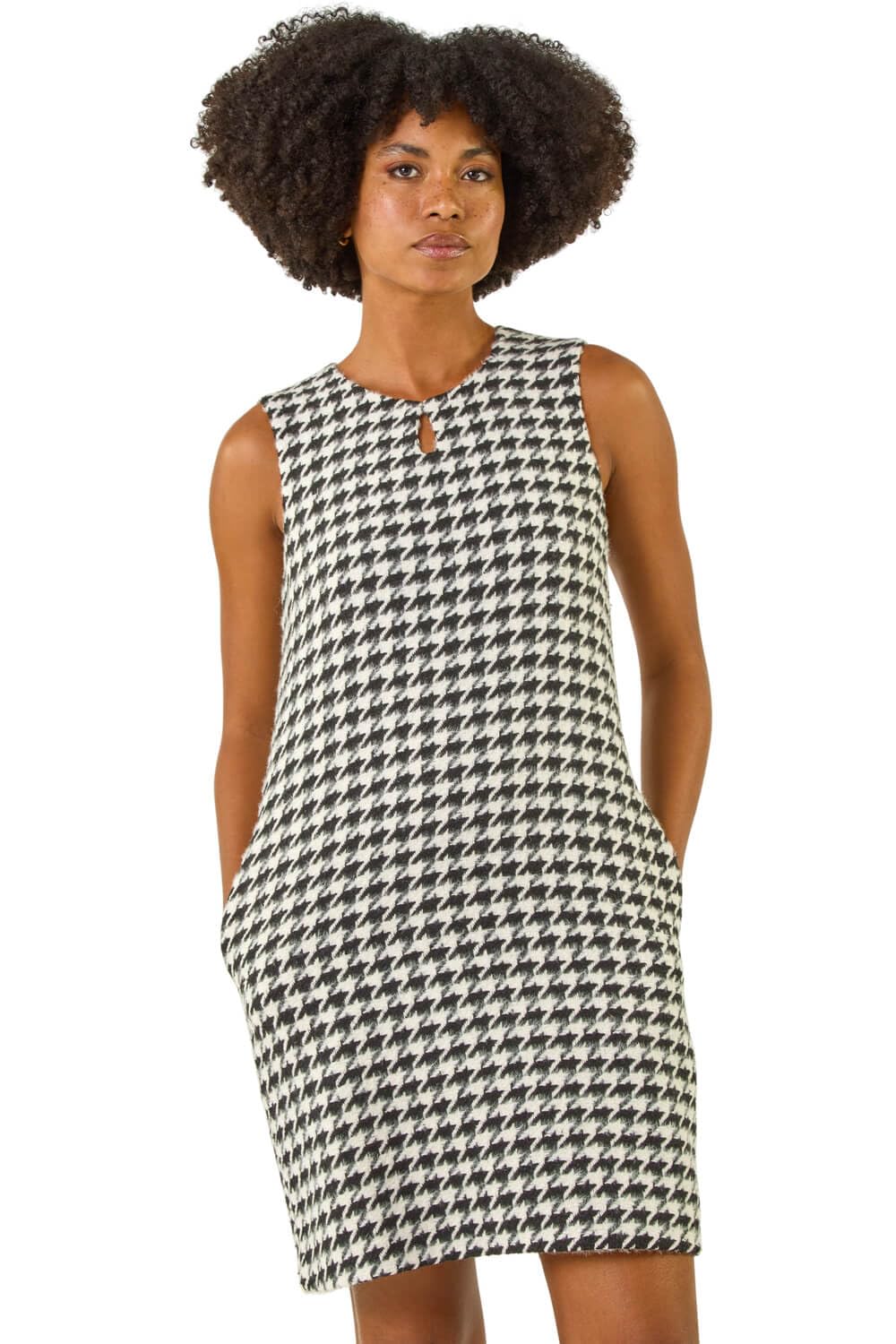 Roman Originals Houndstooth Keyhole Pinafore Dress for Women UK - Ladies Everyday Autumn Winter Round Neckline Comfy Soft Evening Vacation Work Party Night Out - Black - Size 16