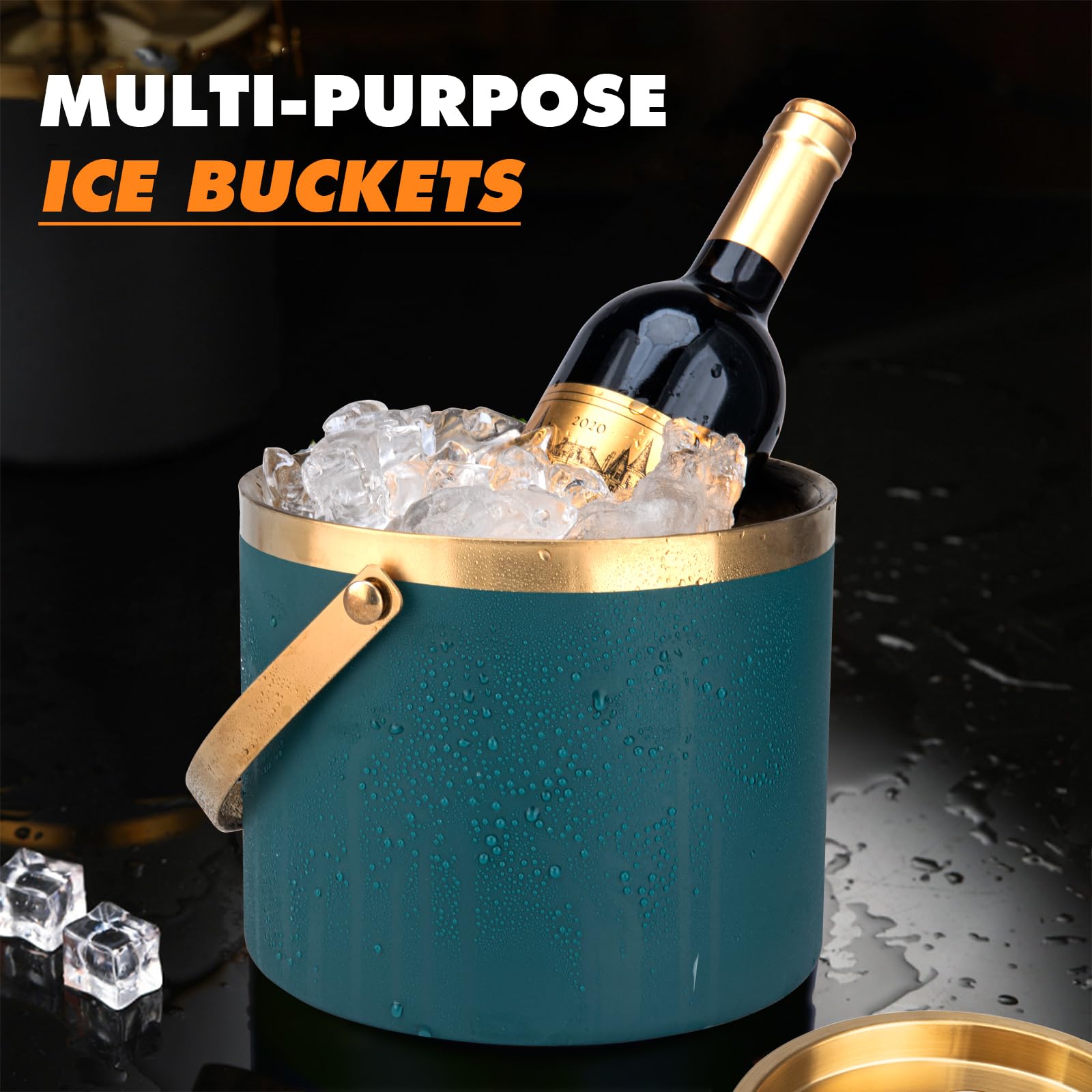 Cubitera de hielo de acero inoxidable de 3 litros, cubos de hielo para fiestas con tapa, cubo de hielo para bar de cócteles