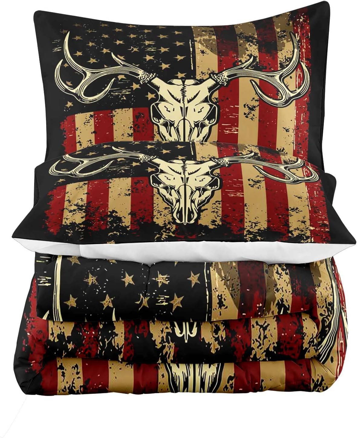 LUVIVIHOME 3PCS Deer Skull Comforter Set King Size, Patriotic American Flag Comforter, 4th of July Independence Day Hunter Elk Moose Wildlife Cabin Country Rustic Hunting Bedding Quilt, 2 Pillow Shams