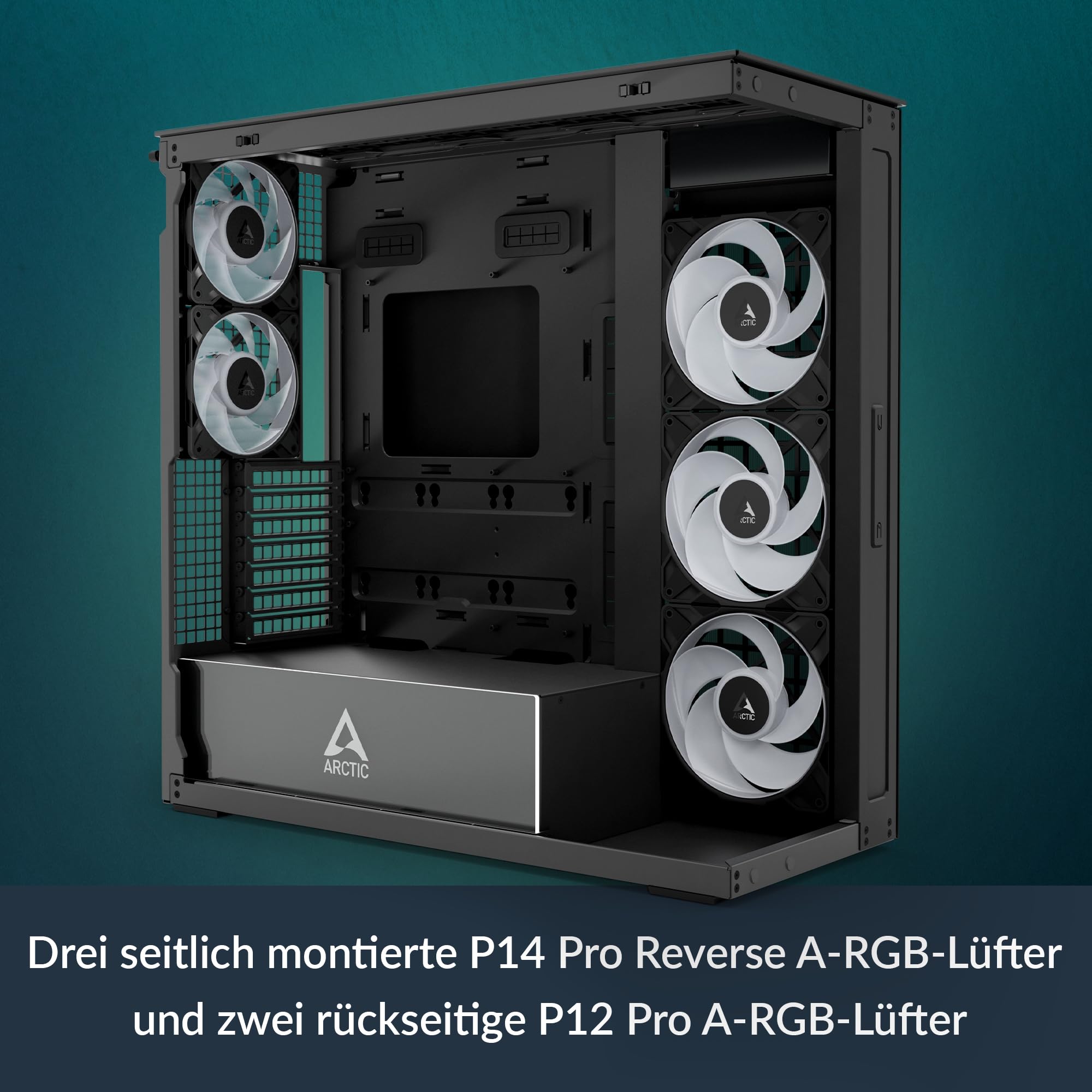ARCTIC Xtender VG (Black) mit vertikaler GPU-Anbringung - PC-Gehäuse | Verspiegeltes Glas, 2x 420 mm Radiator Support, Full Tower, Big Tower, bis zu E-ATX, 5X A-RGB Lüfter vormontiert