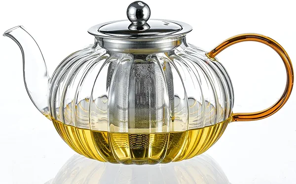 Glass Teapot 33.8oz/1000ml, Glass Tea Kettle with Removable Infuser, Pumpkin Shape Hand Blown Teapot for Blooming Flower Tea and Loose Leaf,Father's Day Gifts 33OZ