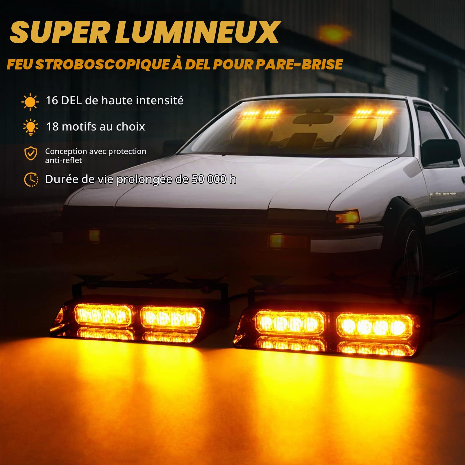 JMEST Feux Stroboscopiques LED 7.2 Pouces Pour Pare-Brise Intérieur - 16 LED, 18 Modes Flash, Beacon Lights 12V Pour Voiture, Camion, Véhicule (Amber)