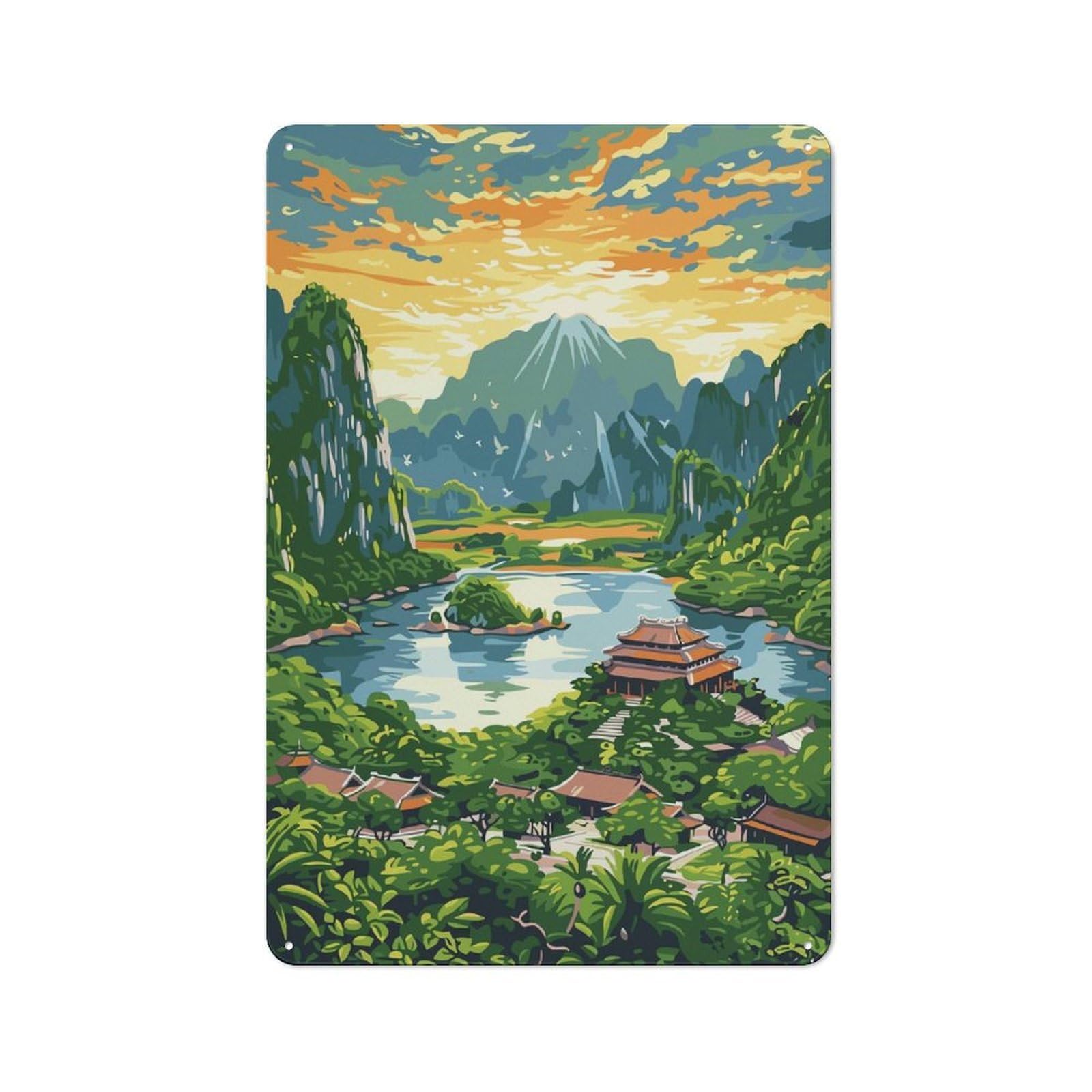Junmoney Style-18 Tin Wall Plaque 30X20cm With Asian Landscape With Mountains And Temple For Guest Room Or Hallway, For Garage, Workshop And Man Cave Decoration