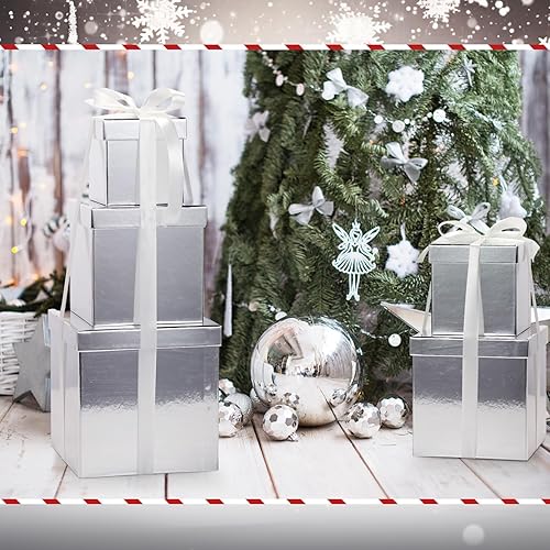 Vista 12 de Cholemy 5 cajas de regalo para Navidad con tapa y cinta, cajas de anidación cuadradas de tamaño mixto, cajas de envoltura de regalo, cajas 5