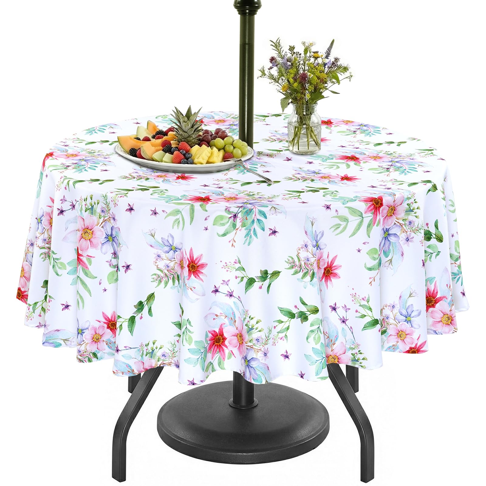 Eternal Beauty 178cm Round Light floral Indoor Outdoor Splashproof Tablecloth with Umbrella Hole and Zipper for Patio Garden Party and BBQ(70 Inch) — image 1