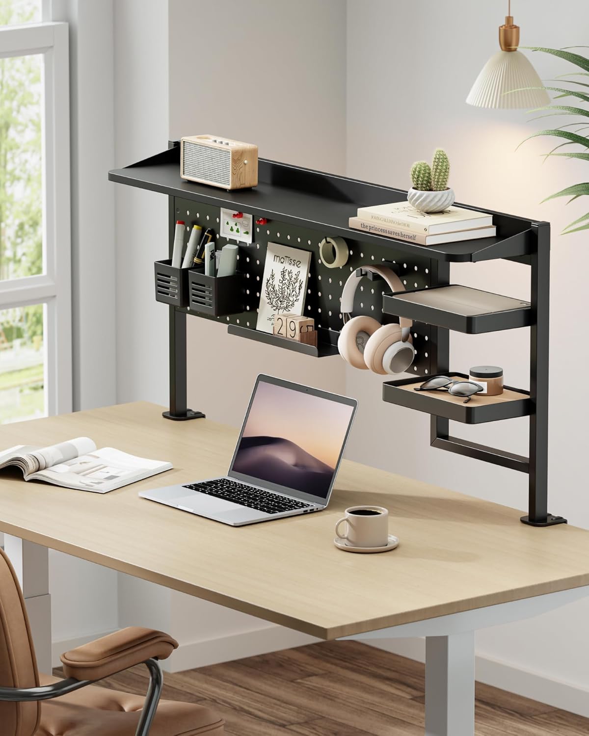 Clamp on Desk Shelf, 44" Desktop Shelving System with Pegboard and Accessories, Desktop Organizer with 2-Tier Shelf, Desk Pegboard for Office Home Gaming, Black