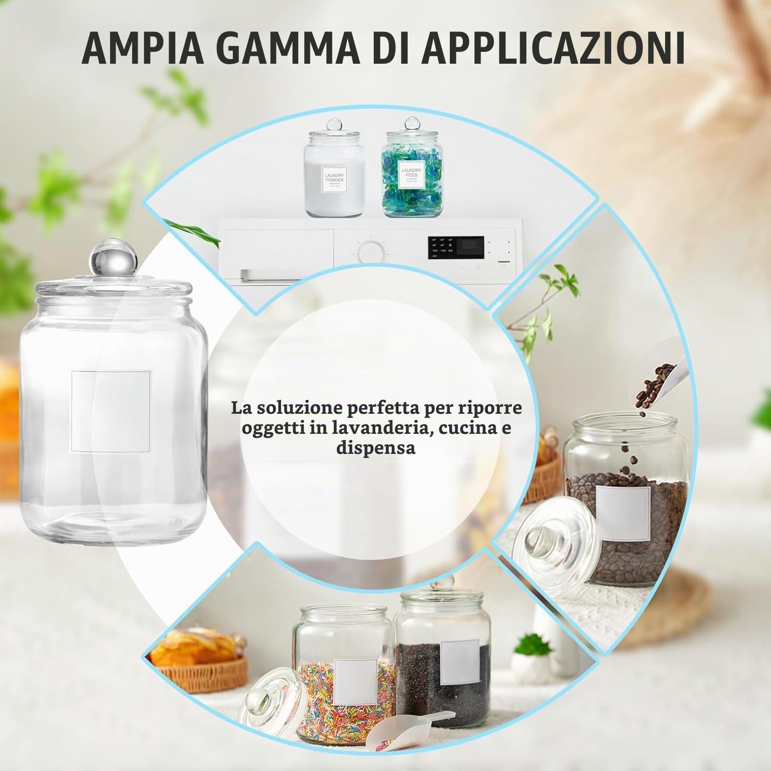 Barattoli in vetro per biscotti, grandi, con coperchio, ermetici, trasparenti, per biscotti, caramelle, farina, zucchero, caffè, set da 2